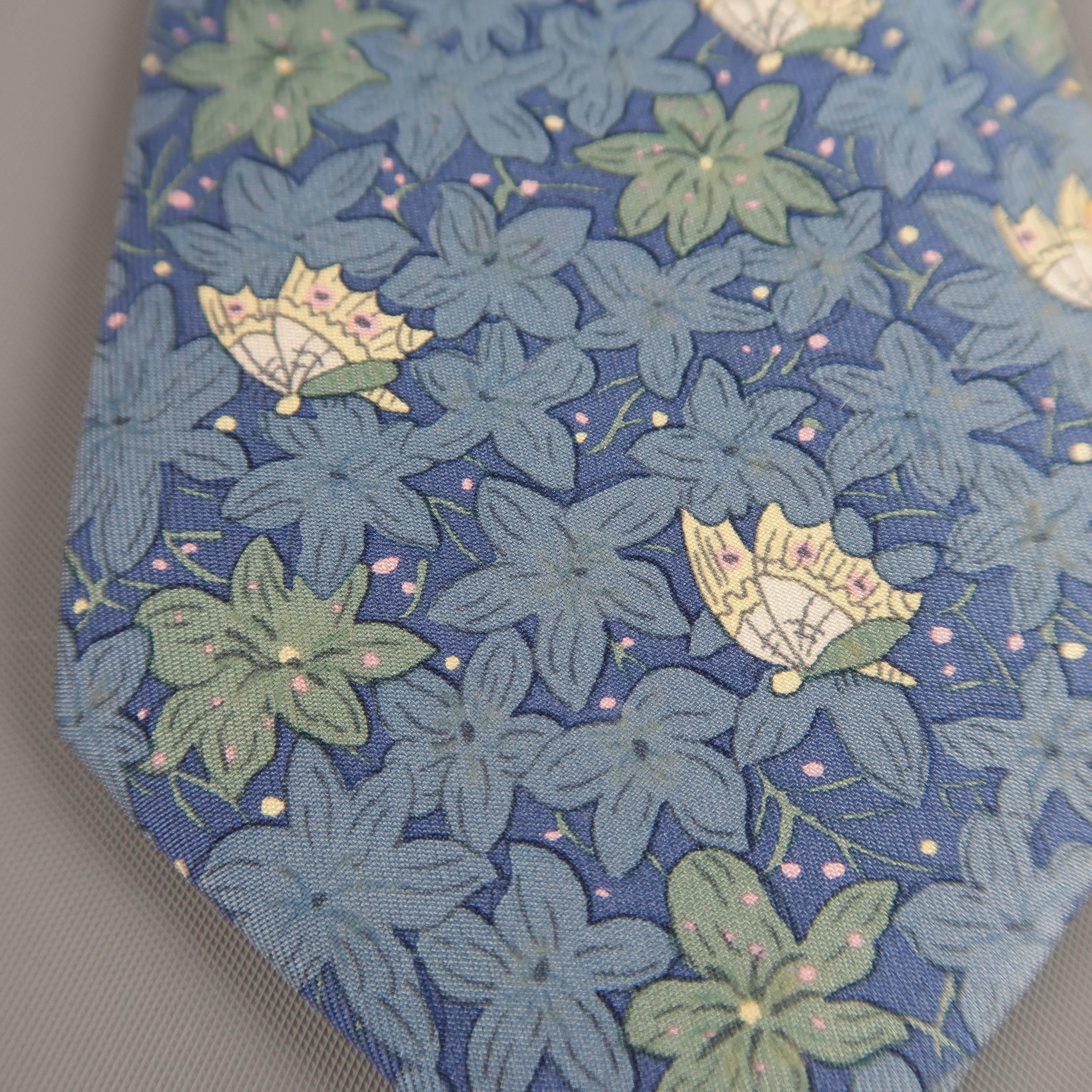 Men's HERMES Muted Blue & Beige Flower & Butterfly Silk Tie In Fair Condition In San Francisco, CA