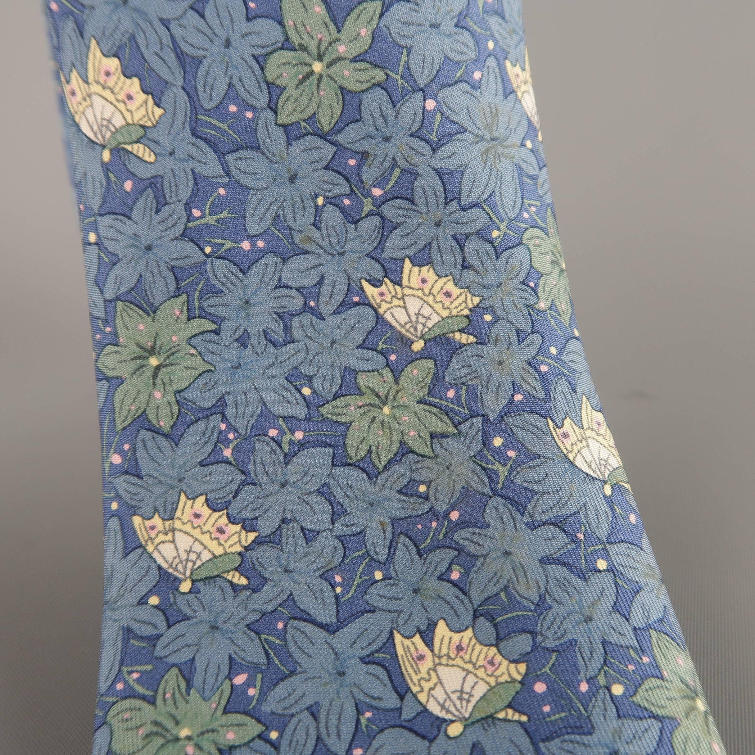 Men's HERMES Muted Blue & Beige Flower & Butterfly Silk Tie 1