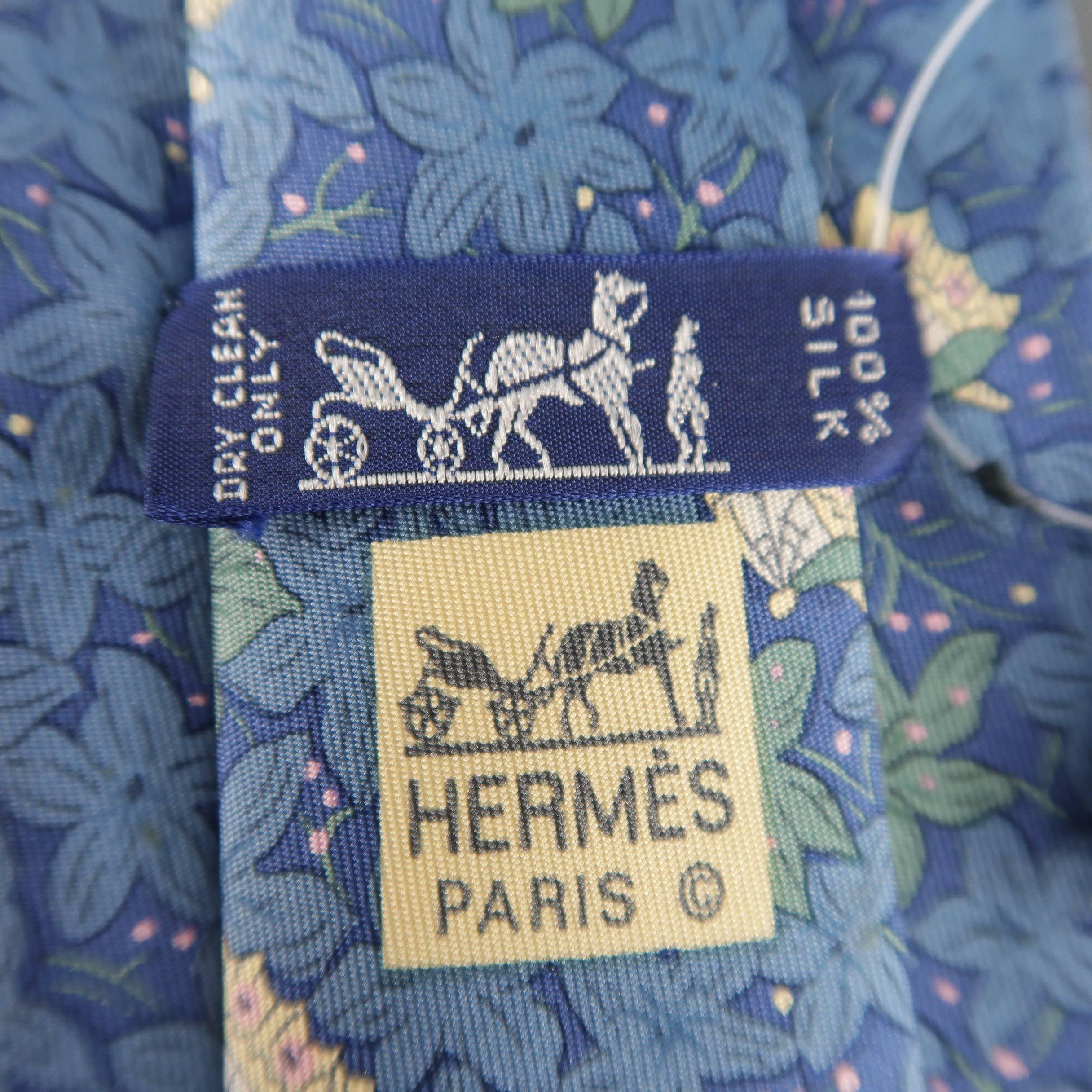 Men's HERMES Muted Blue & Beige Flower & Butterfly Silk Tie 4