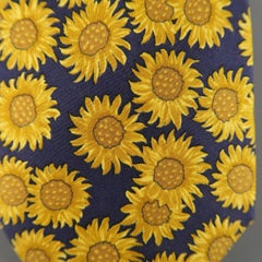 Men's  HERMES Gold & Navy Sunflower Print Silk Tie