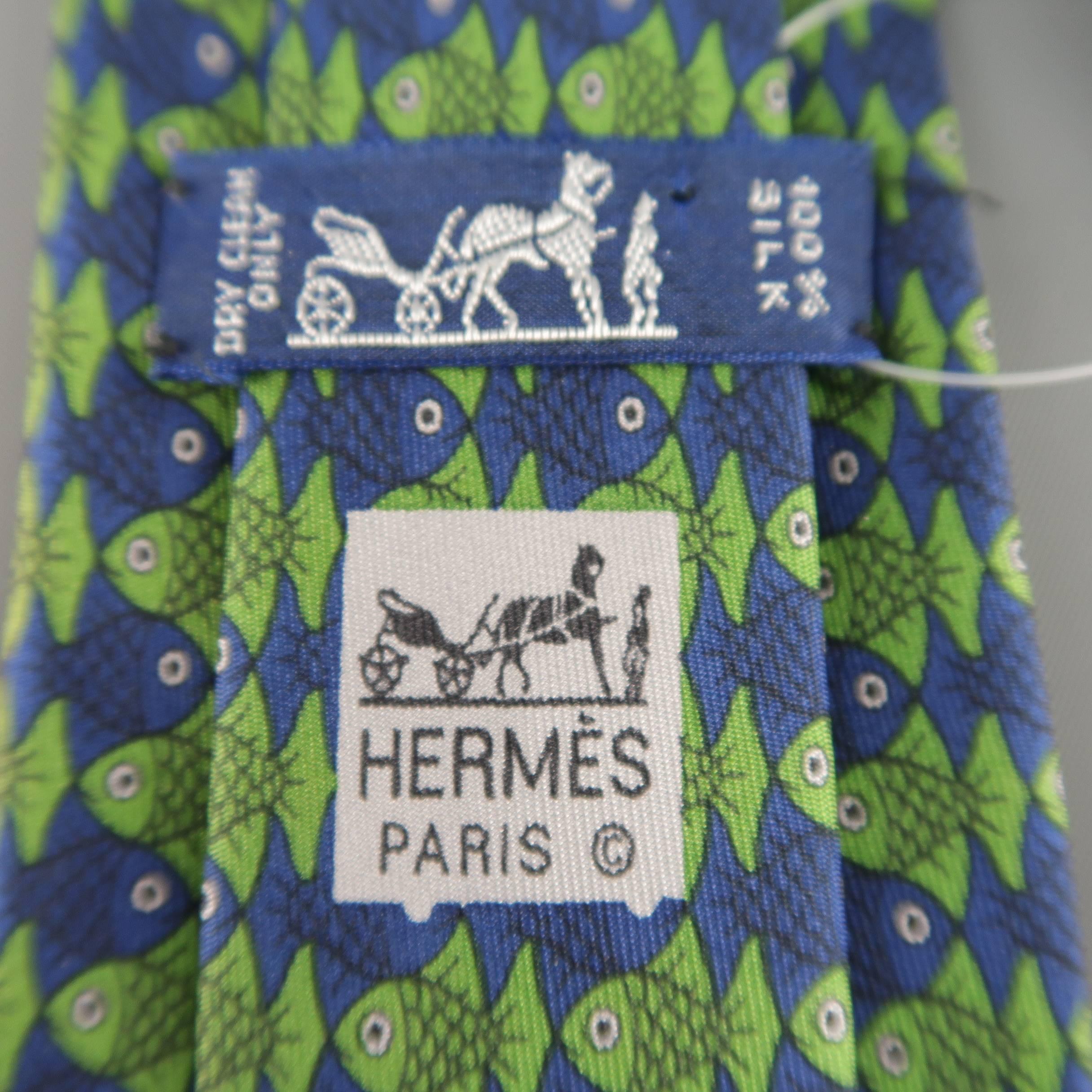 Gray Men's HERMES Navy & Green Fish Print Silk Tie
