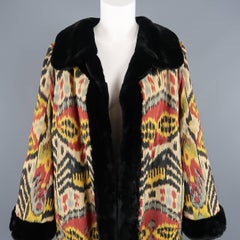 Oscar De La Renta Print Silk and Embroidered Mink Fur Opera Evening Ikat Coat