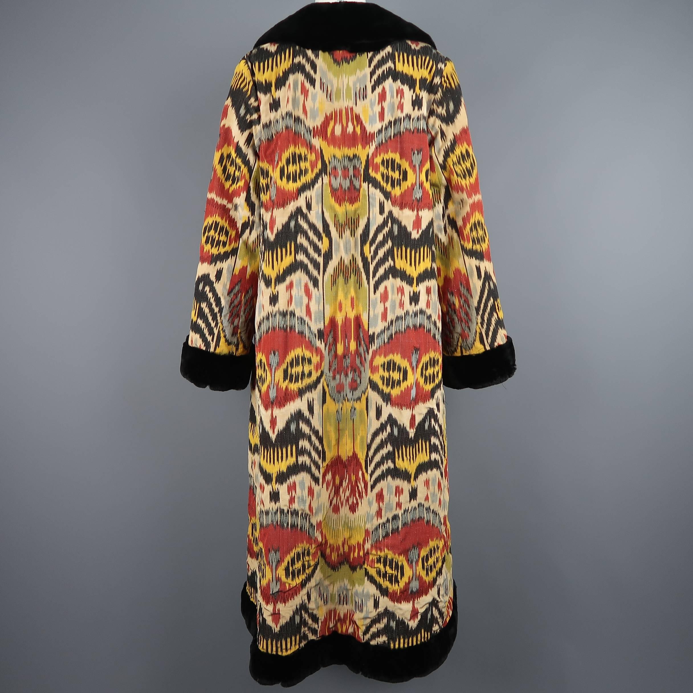 Women's Oscar De La Renta Print Silk and Embroidered Mink Fur Opera Evening Ikat Coat 