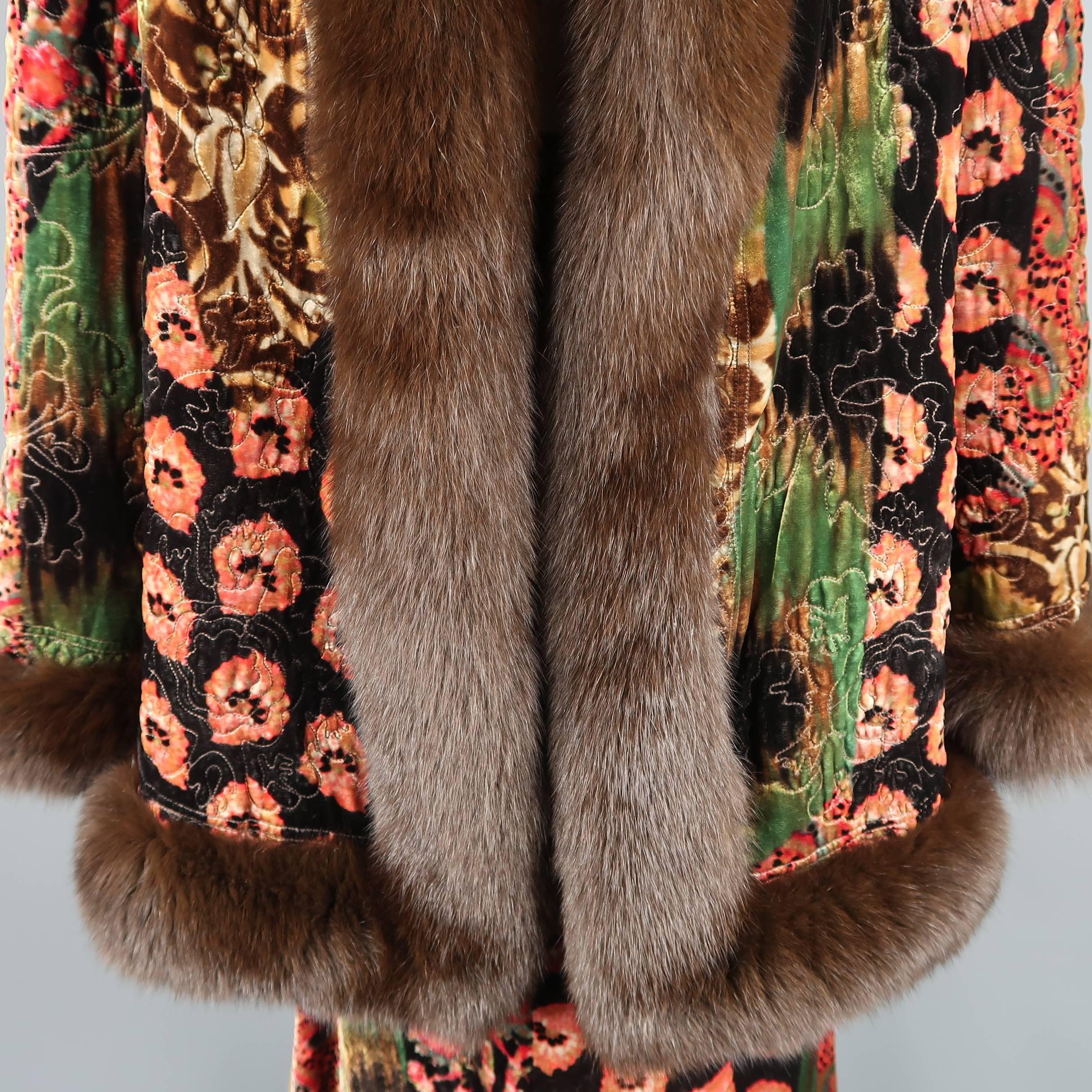 Black Oscar de la Renta Quilted Floral Paisley Velvet Fox Fur Trim Ensemble