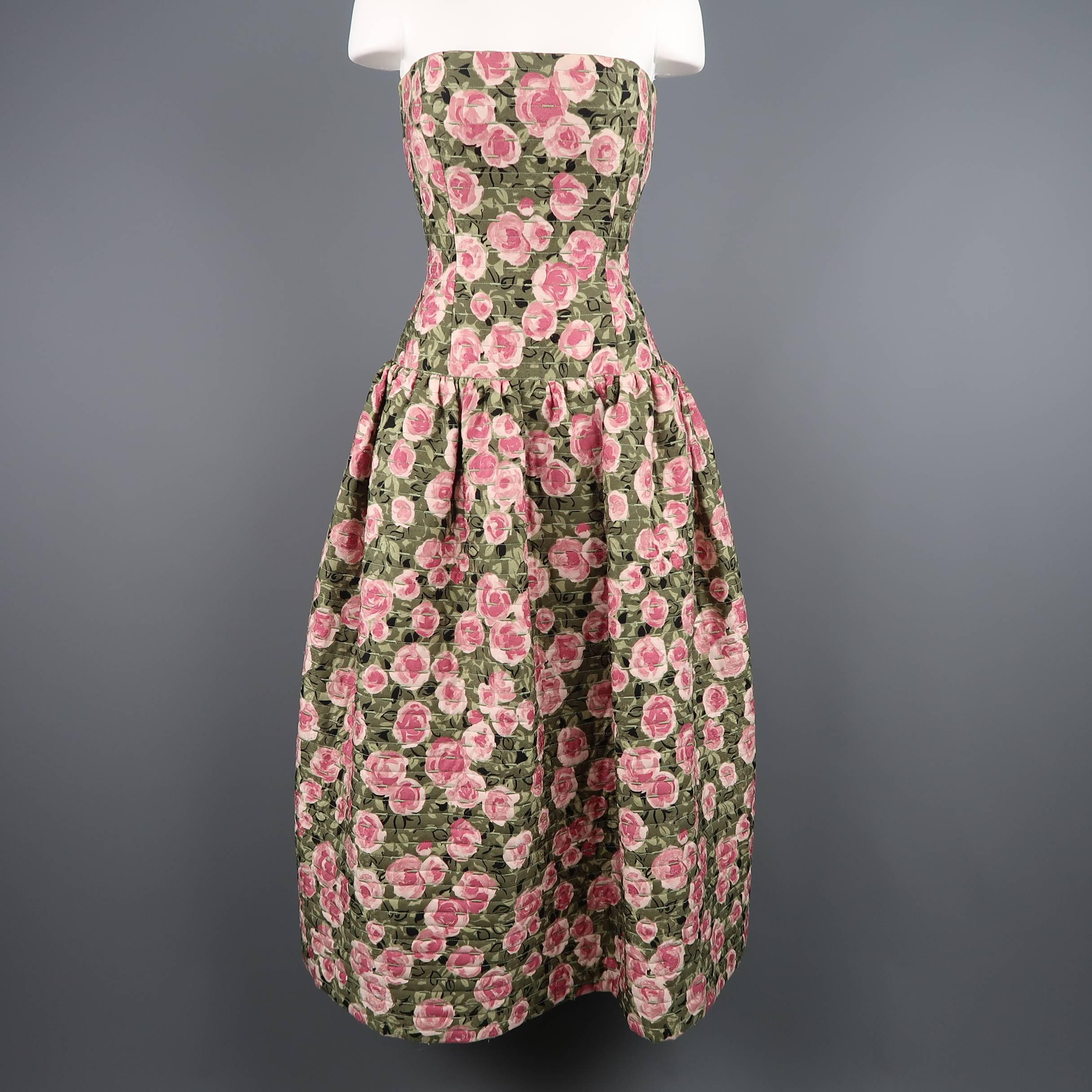 Vintage Bill Blass cocktail ensemble comes in green and pink rose print quilted rayon and includes a strapless bustier dress with drop waist gathered full skirt and matching double breasted jacket with dark brown mink fur trim, and satin bow on