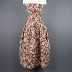 Bill Blass Pink and Green Rose Print Cocktail Dress and Mink Jacket Ensemble