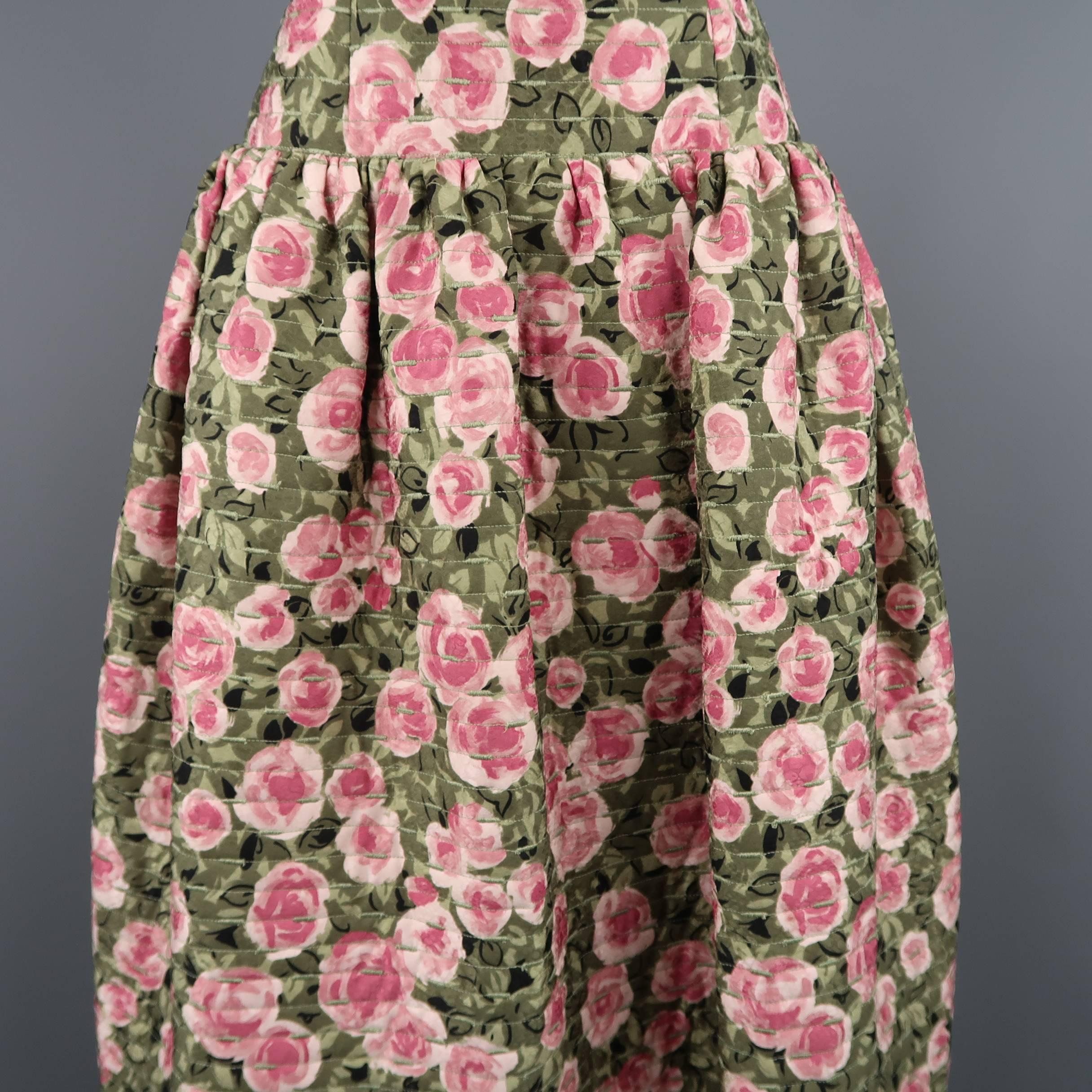 Bill Blass Pink and Green Rose Print Cocktail Dress and Mink Jacket Ensemble In Fair Condition In San Francisco, CA