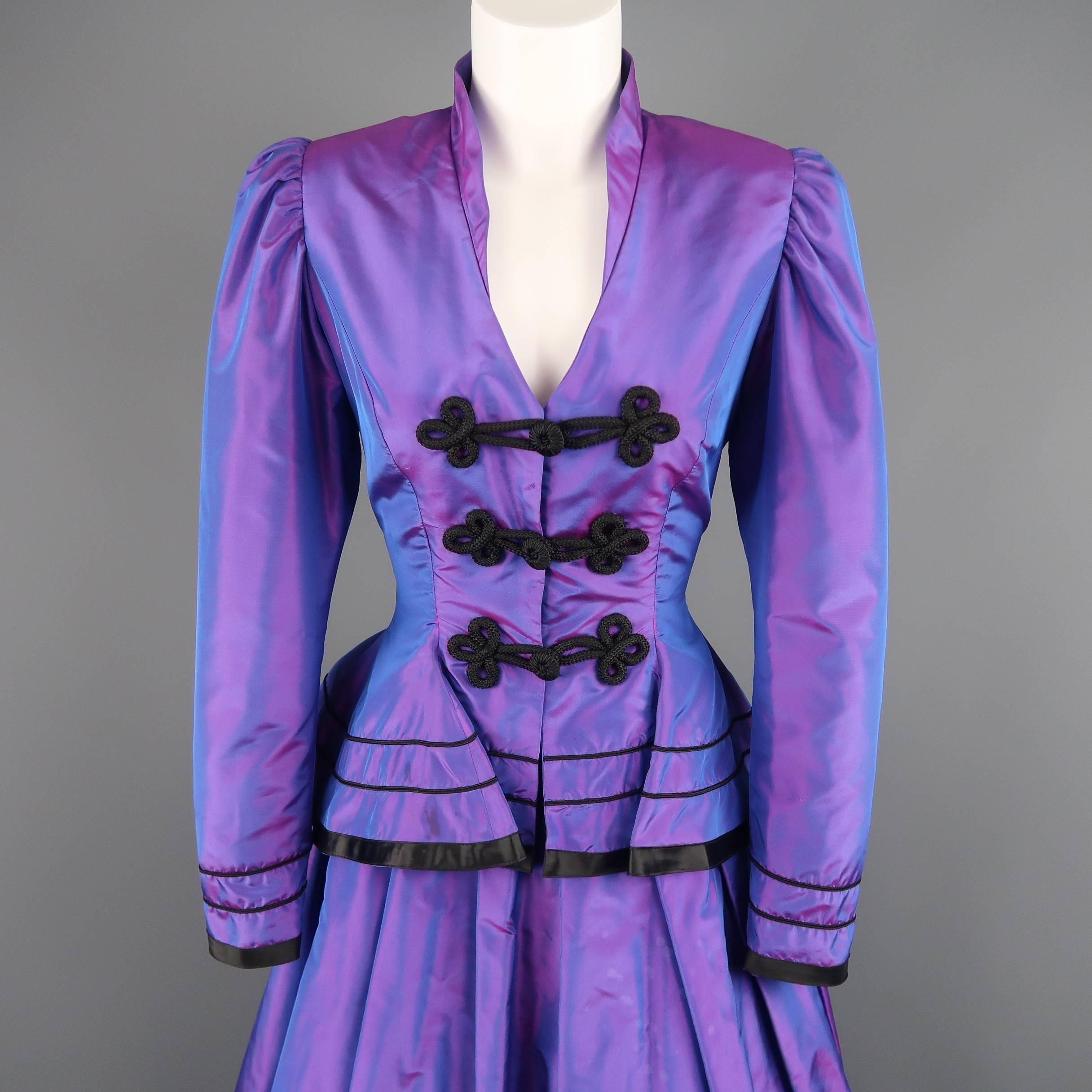 Vintage Lindka Cierach for Neiman Marcus evening ensemble comes in a beautiful purple iridescent silk taffeta and includes a tailored jacket with puff shoulders, triple frog closures, ruffled peplum hemline, and black grosgrain stipe piping with a