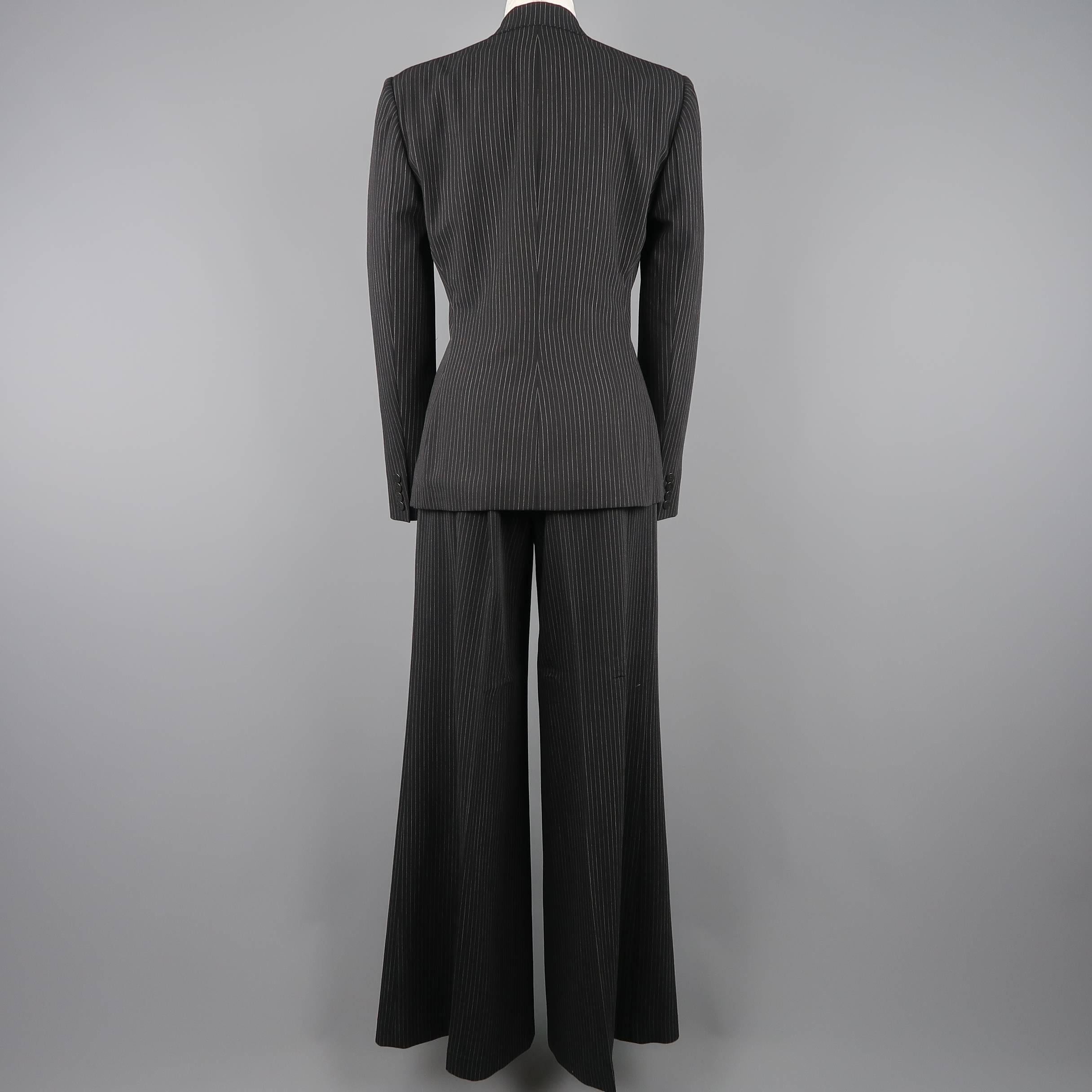 Ralph Lauren Black Pinstripe Double Breasted Peak Lapel Wide Leg Suit In Excellent Condition In San Francisco, CA
