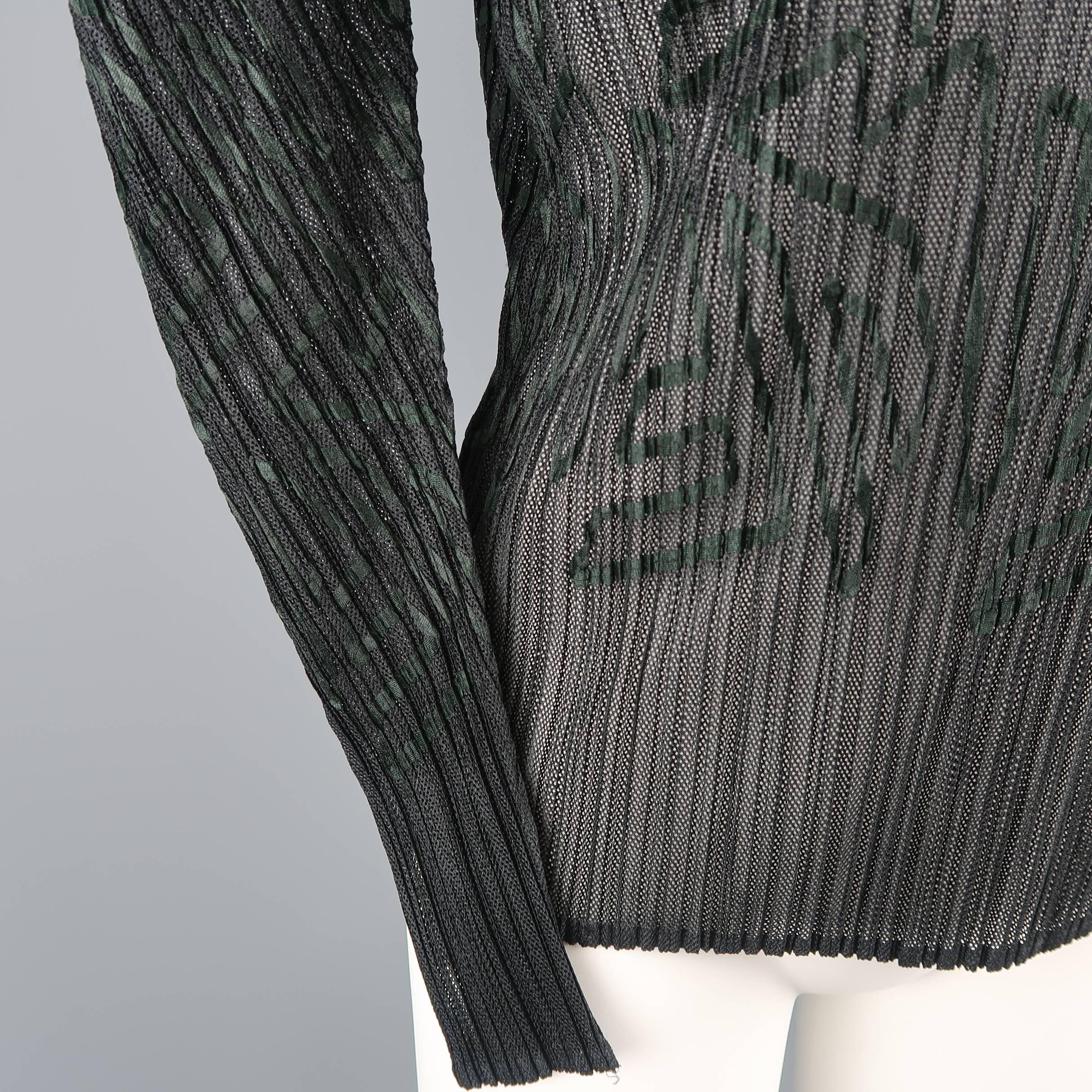Women's Issey Miyake Size M Black Pleated Green Ribbon Pattern Mesh Pullover