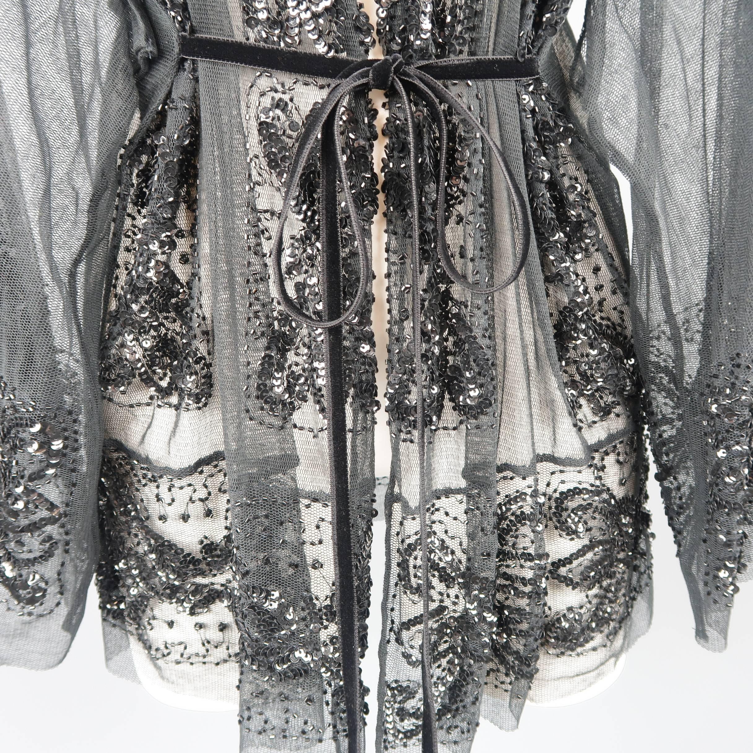 Women's Collette Dinnigan Black Sequin Beaded Mesh Kimono Style Cardigan