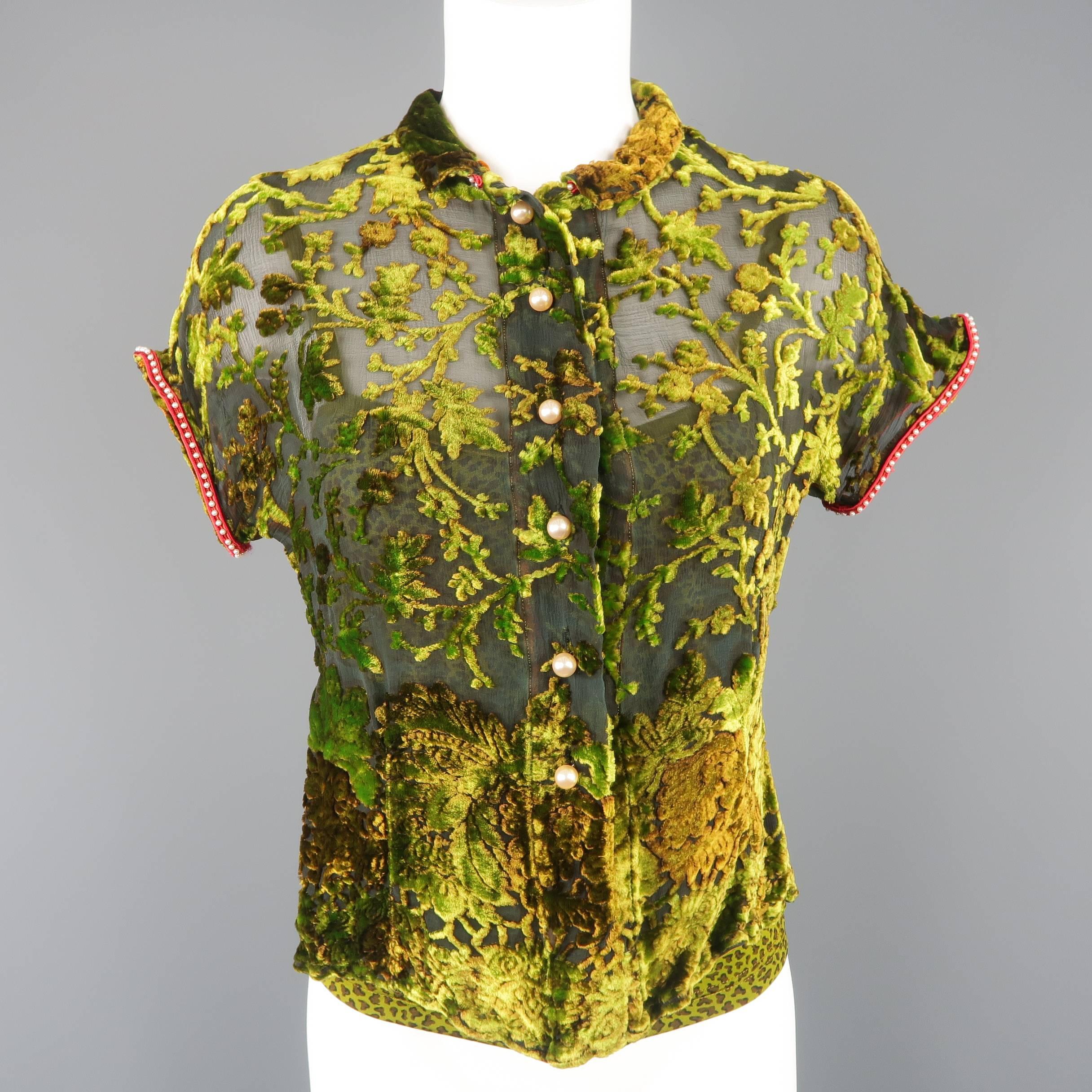 Vintage 1990's Voyage top comes in green velvet baroque print burnout velvet on silk chiffon with short sleeves, pointed collar, faux pearl buttons, and red faux pearl beaded trim with a stretch green cheetah print, velvet trimmed camisole. Made in