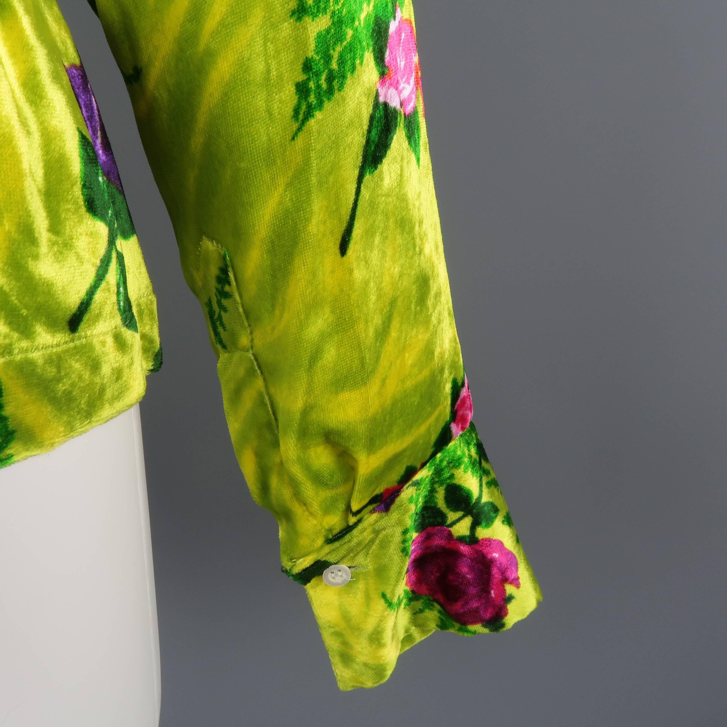 Dries van Noten Chartreuse Green Pink and Purple Rose Print Velvet Blouse In Excellent Condition In San Francisco, CA