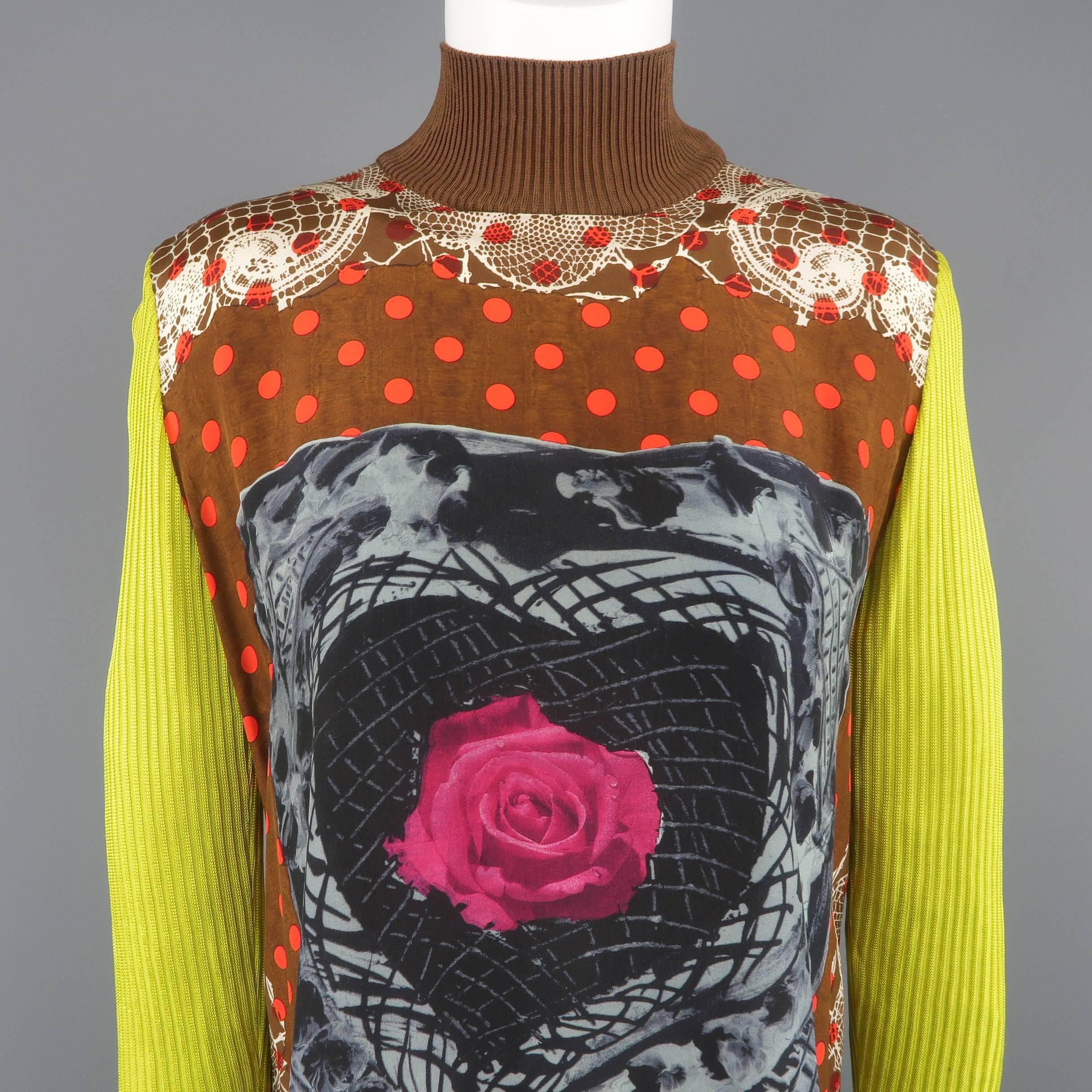 Vintage Christian Lacroix top features a brown ribbed viscose knit turtleneck, neon green sleeves, long olive green back, and abstract brown and red polka dot front with blue and pink rose graphic. Made in Italy.
 
Good Pre-Owned Condition.
Marked: