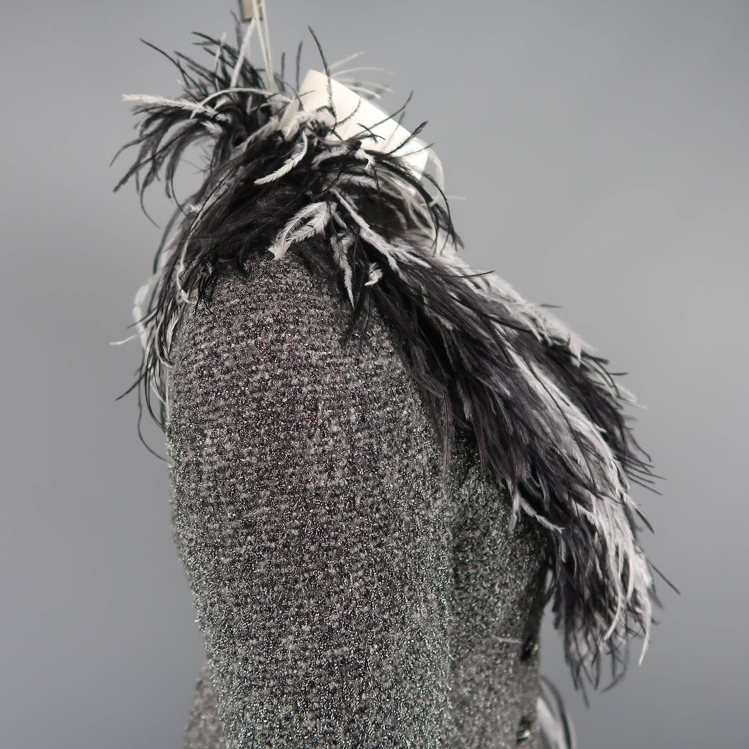 Women's ESCADA Size 6 Silver Lurex Boucle Ostrich Feather Trim Skirt Suit