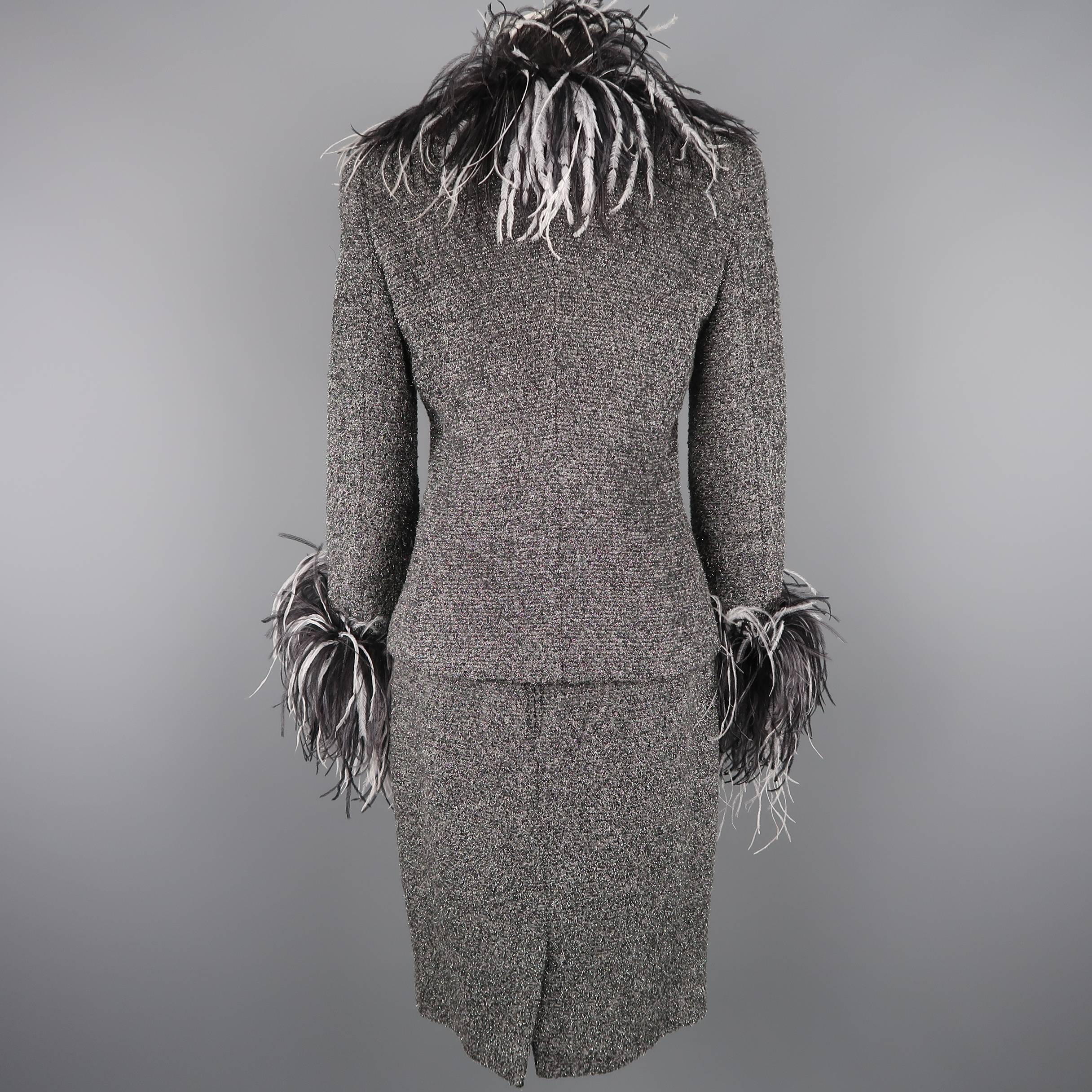 ESCADA Size 6 Silver Lurex Boucle Ostrich Feather Trim Skirt Suit 2
