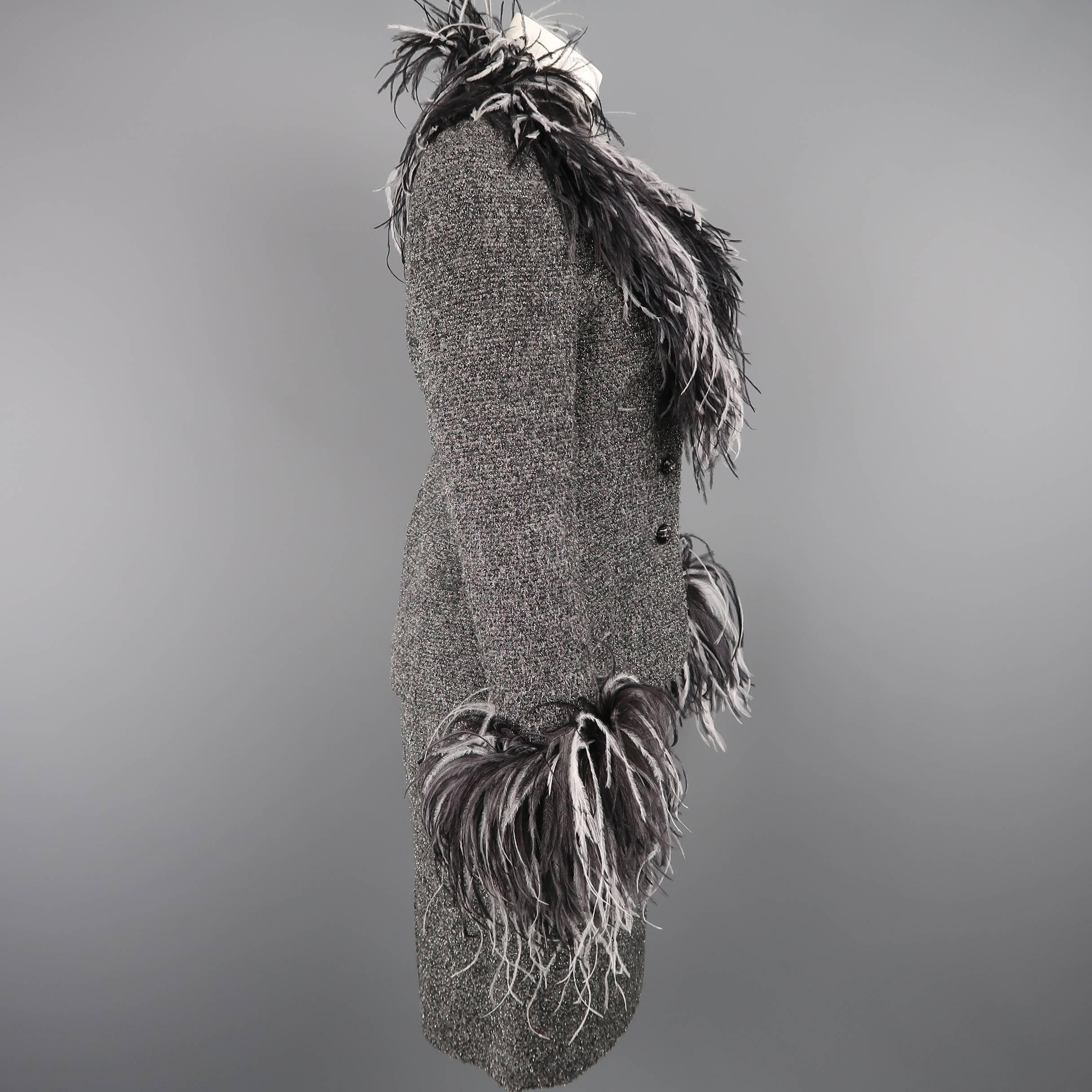 ESCADA Size 6 Silver Lurex Boucle Ostrich Feather Trim Skirt Suit 1