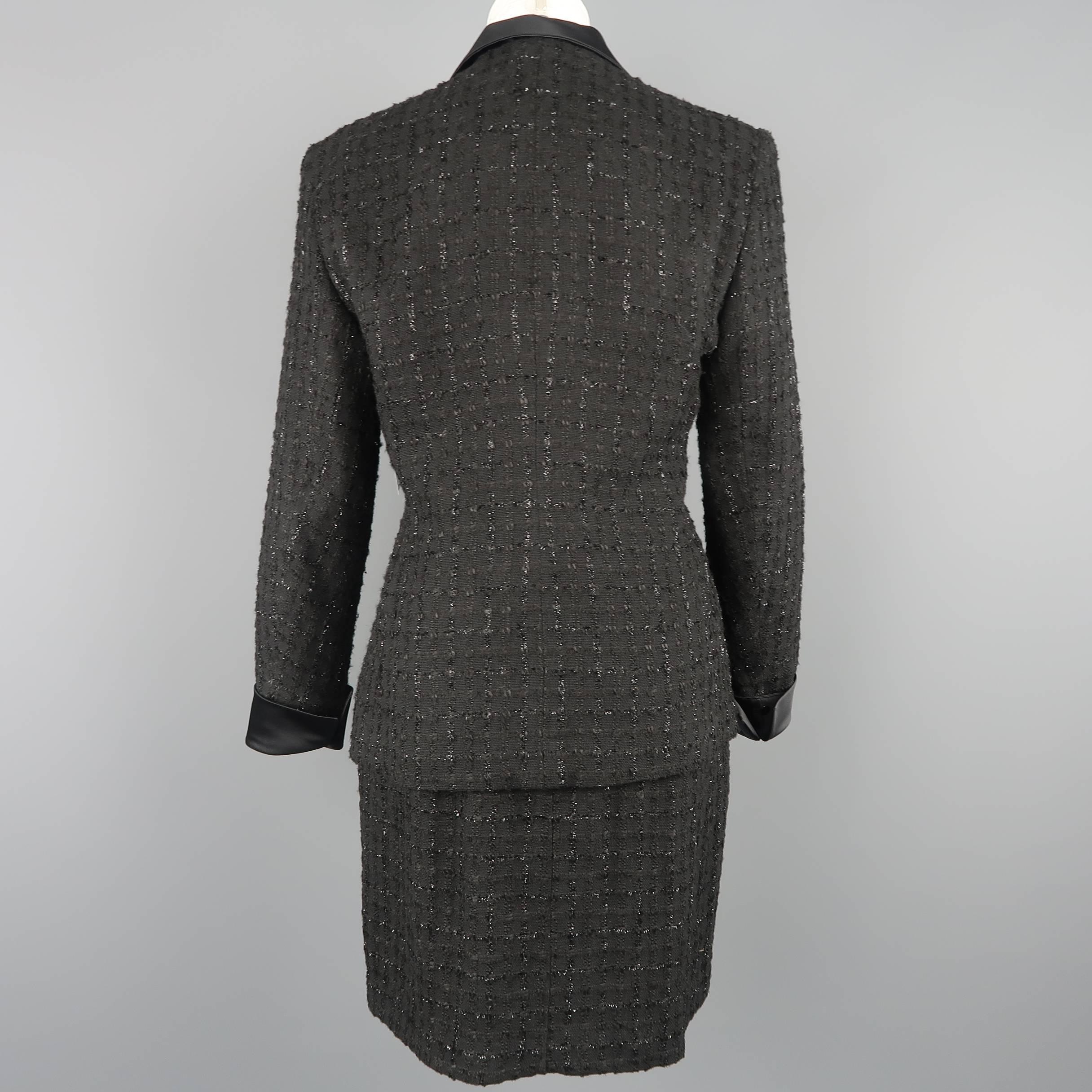 Vintage CHRISTIAN DIOR Size 8 Black Lurex Plaid Boucle Satin Collar Skirt Suit 4