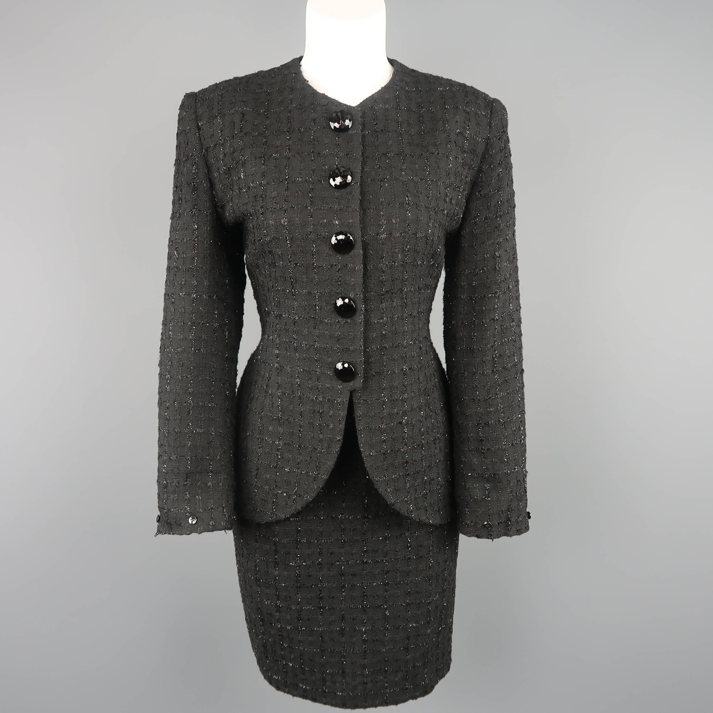 Vintage CHRISTIAN DIOR Size 8 Black Lurex Plaid Boucle Satin Collar Skirt Suit 8