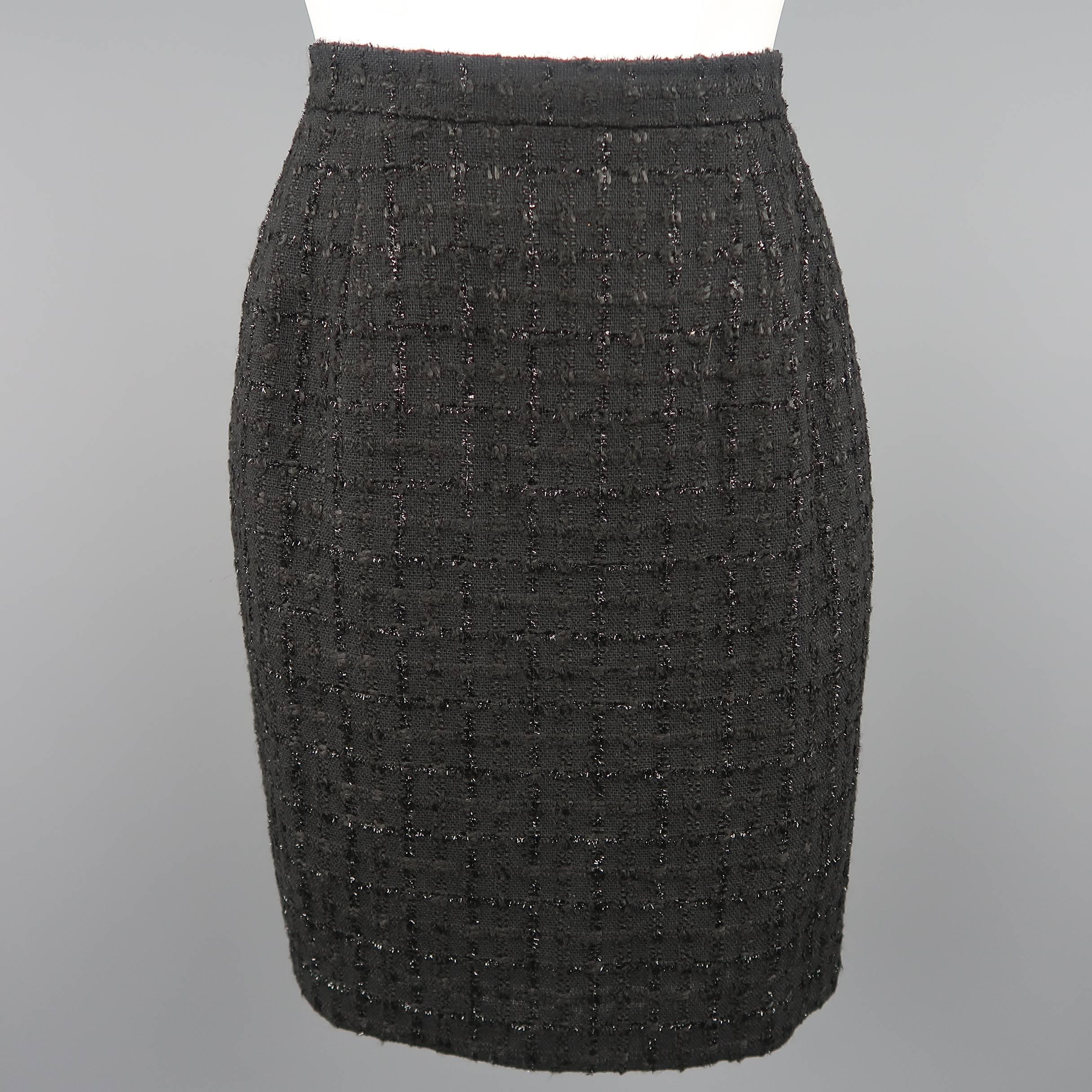 Vintage CHRISTIAN DIOR Size 8 Black Lurex Plaid Boucle Satin Collar Skirt Suit 7