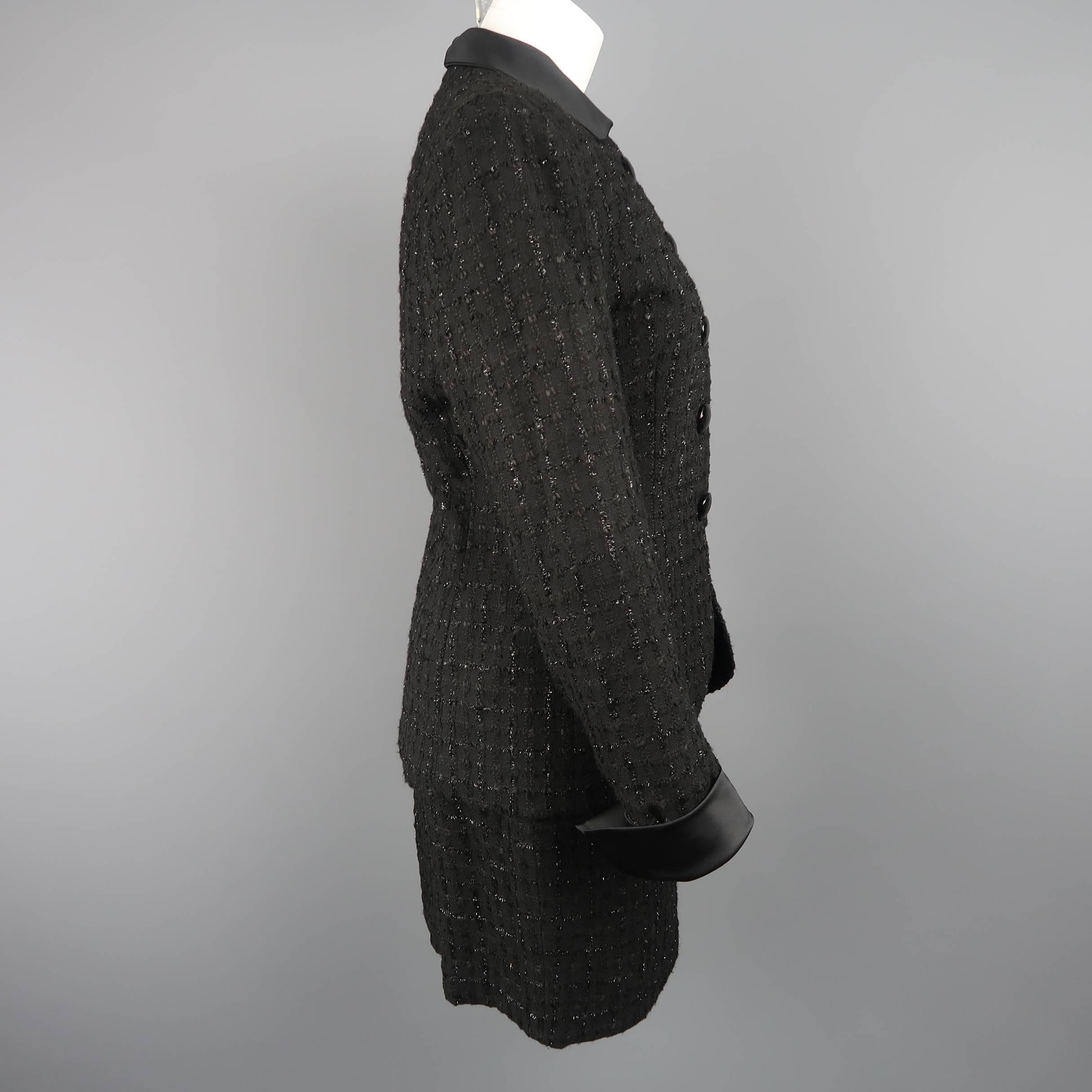 Vintage CHRISTIAN DIOR Size 8 Black Lurex Plaid Boucle Satin Collar Skirt Suit 2