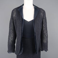 AKRIS Size 6 Navy Mesh Knit Jacket Chiffon Camisole Skirt Set