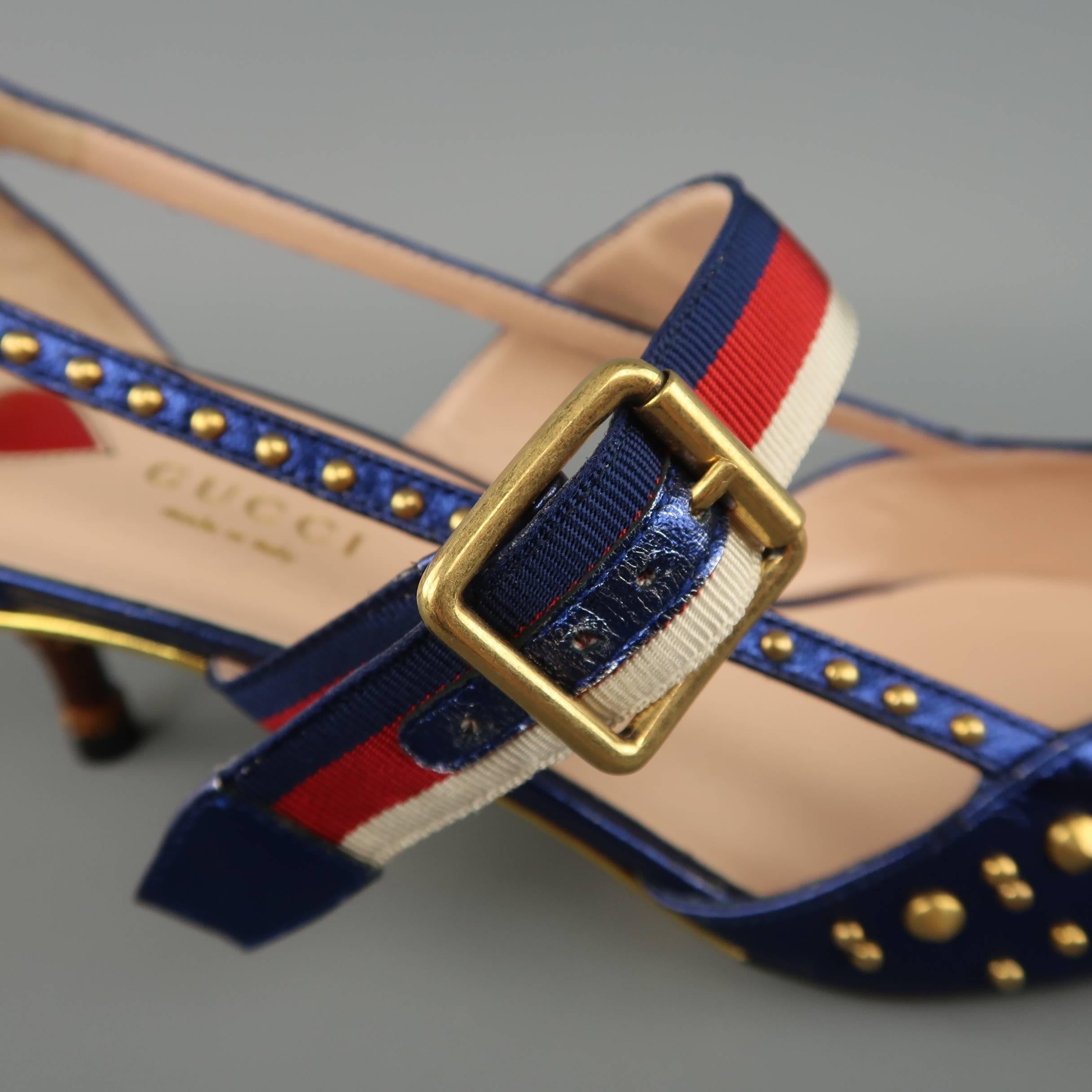 Gucci Blue Metallic Spiked Leather UNIA Strap Kitten Heels In New Condition In San Francisco, CA