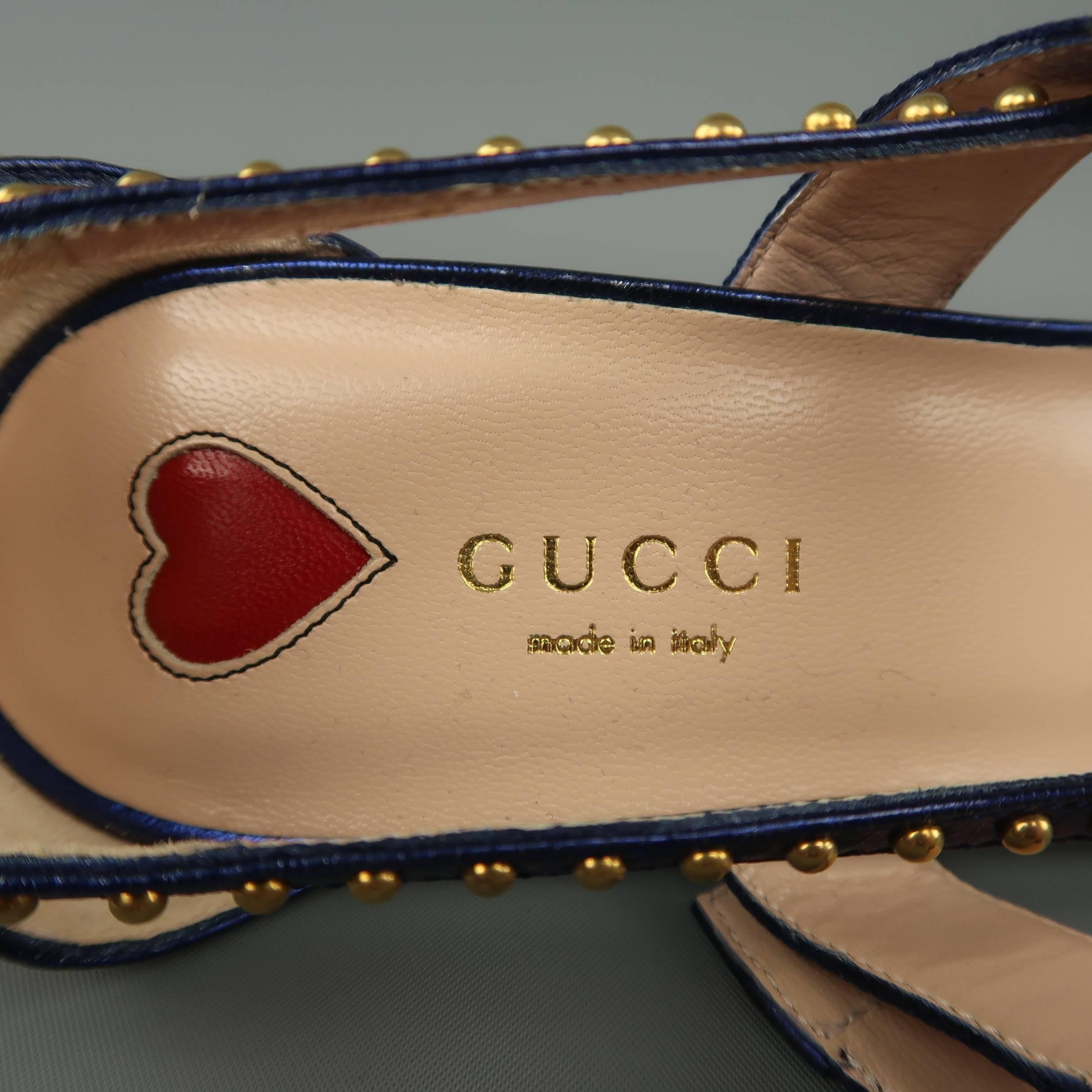 Women's or Men's Gucci Blue Metallic Spiked Leather UNIA Strap Kitten Heels