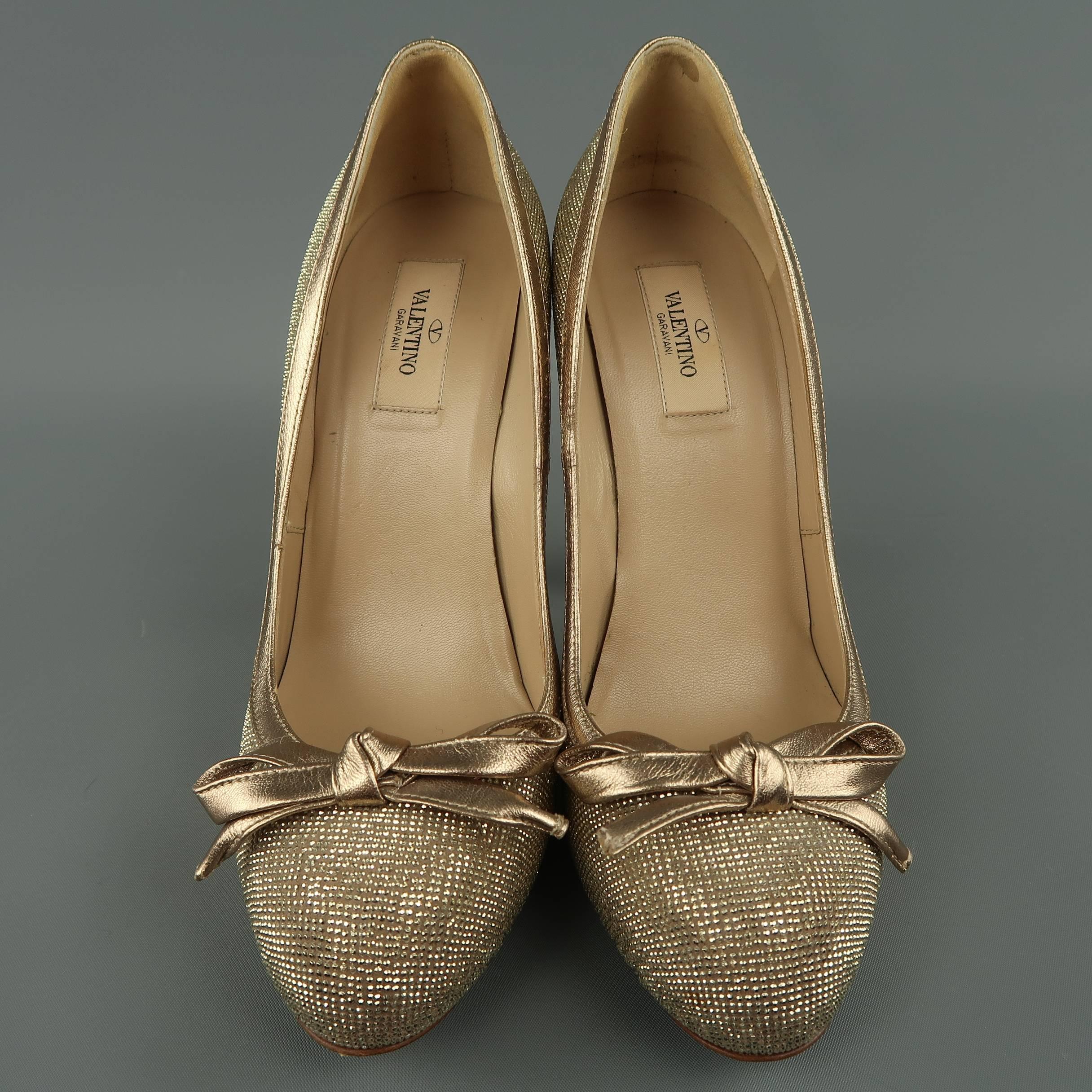 Brown VALENTINO Size 9 Gold Crystal Studded Leather Platform Bow Pumps