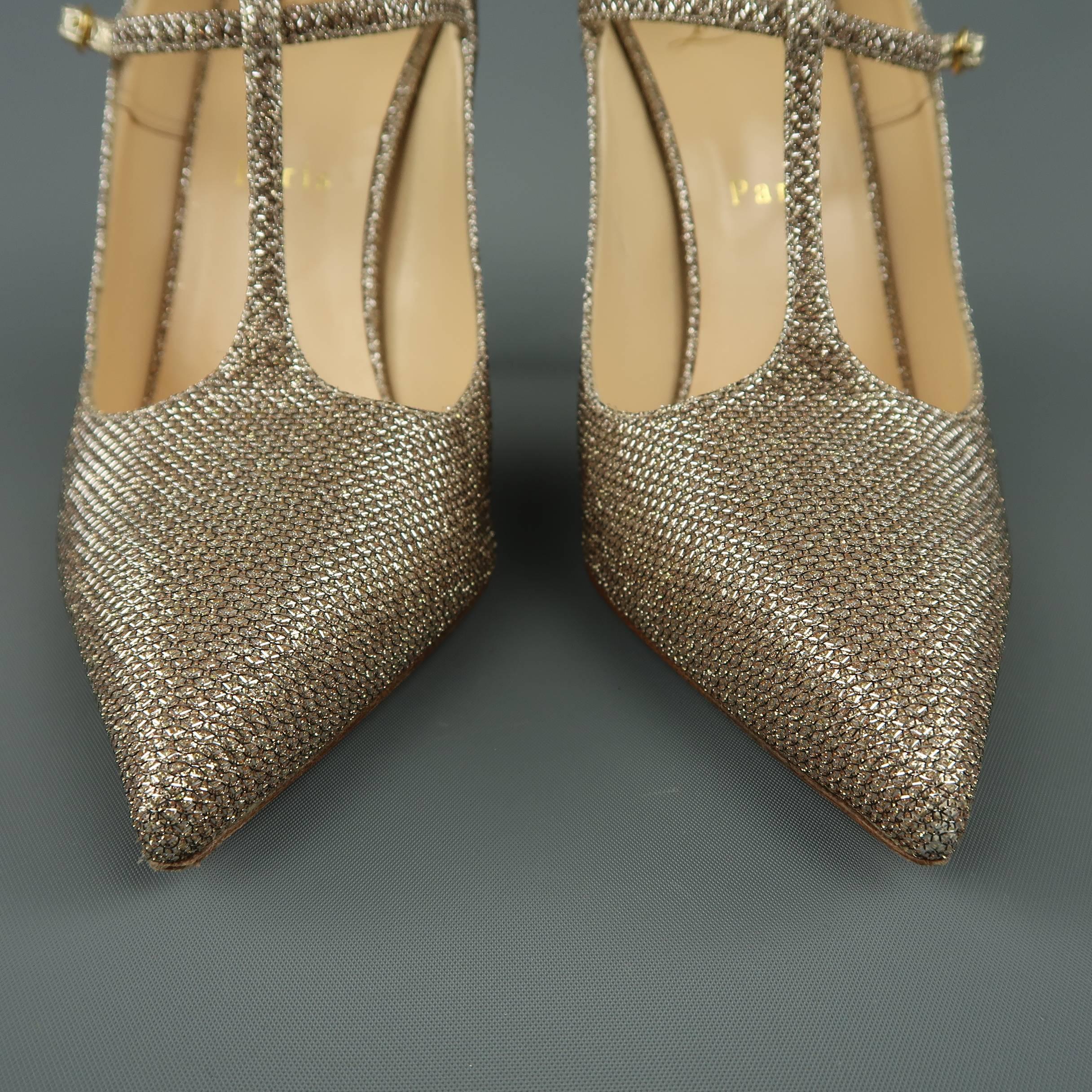 Brown Christian Louboutin Gold Sparkle Leather Toerless Muse Strap Pumps Heels