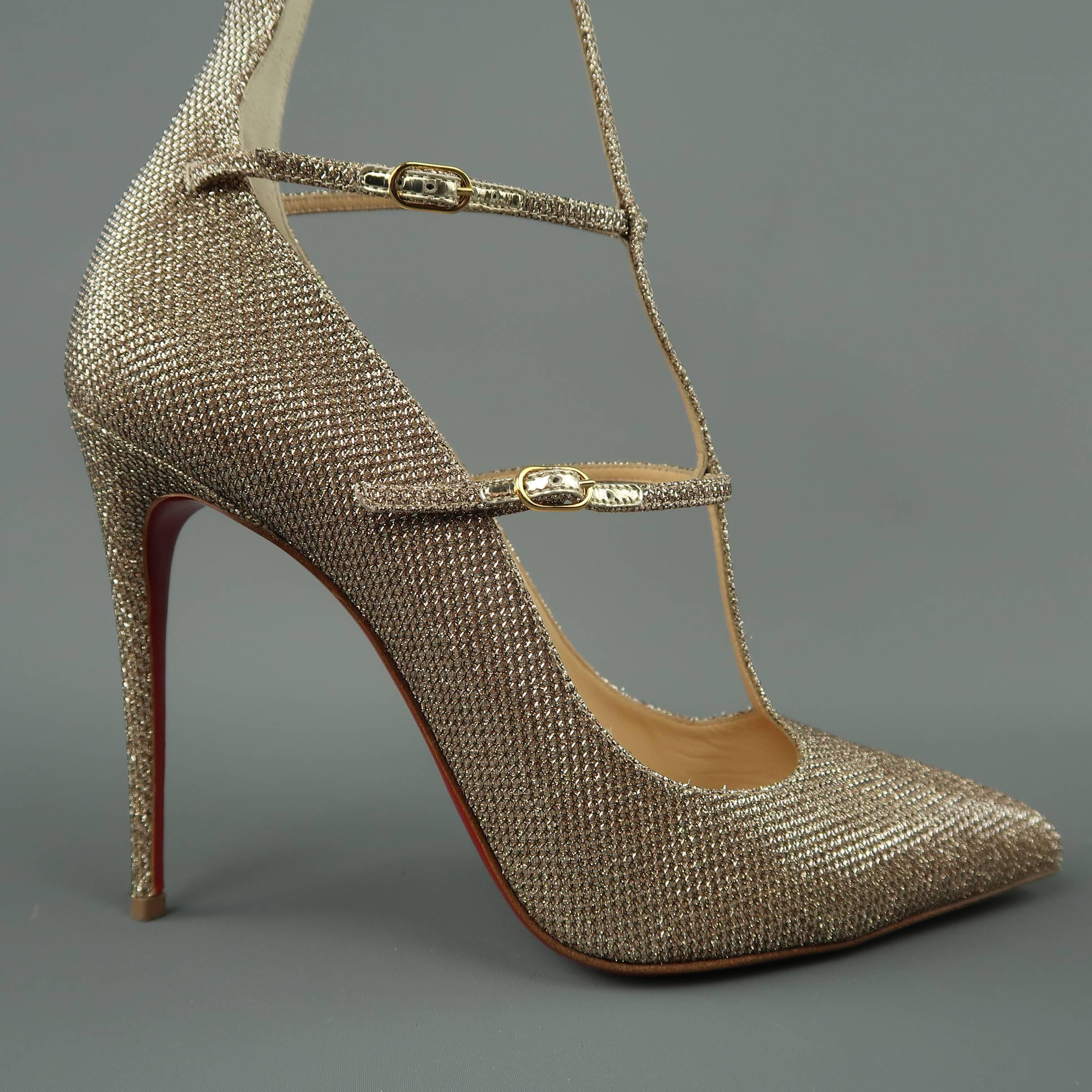Christian Louboutin Gold Sparkle Leather Toerless Muse Strap Pumps Heels  In Excellent Condition In San Francisco, CA