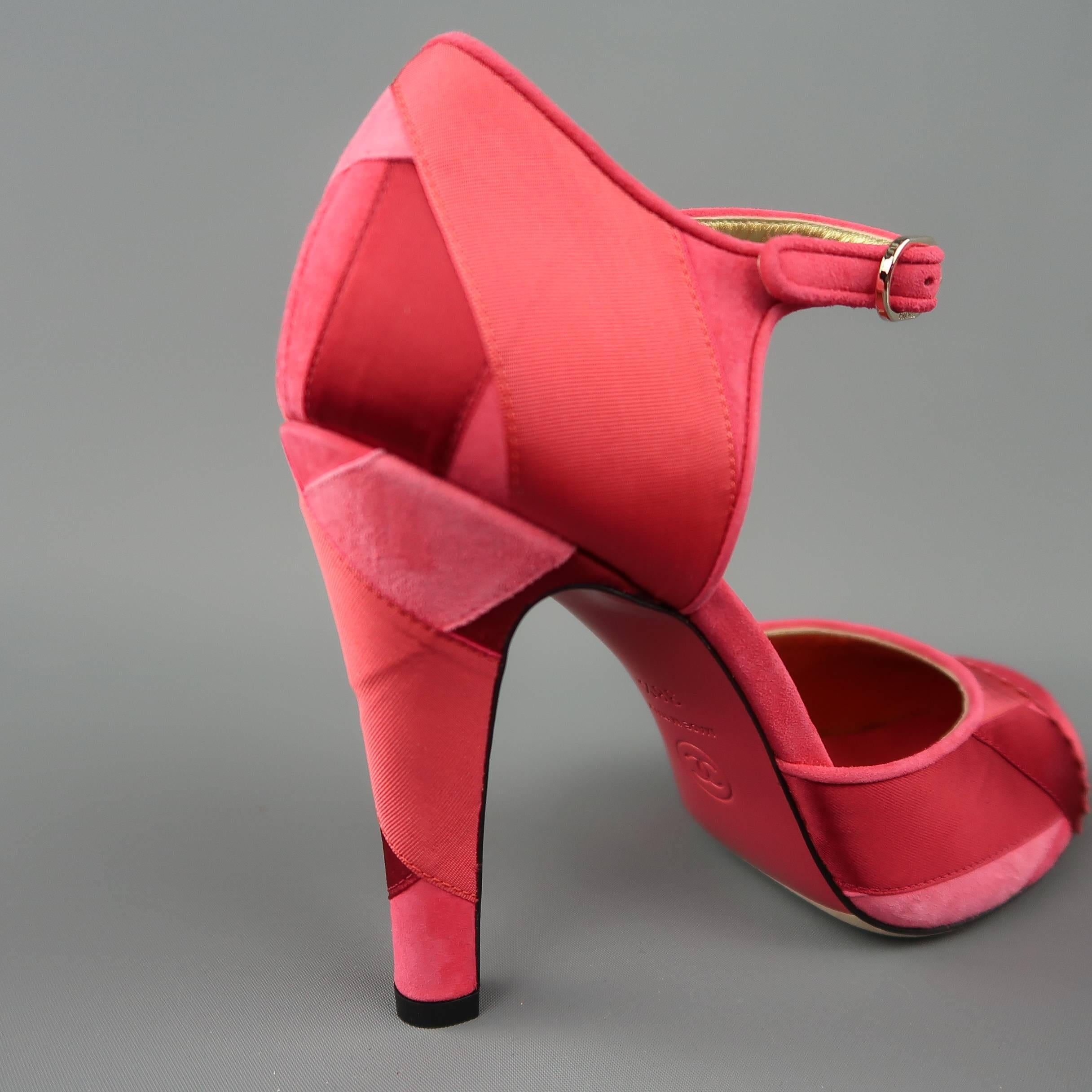 Chanel Raspberry Red Suede and Silk Grosgrain Ribbon Patchwork Pumps 2