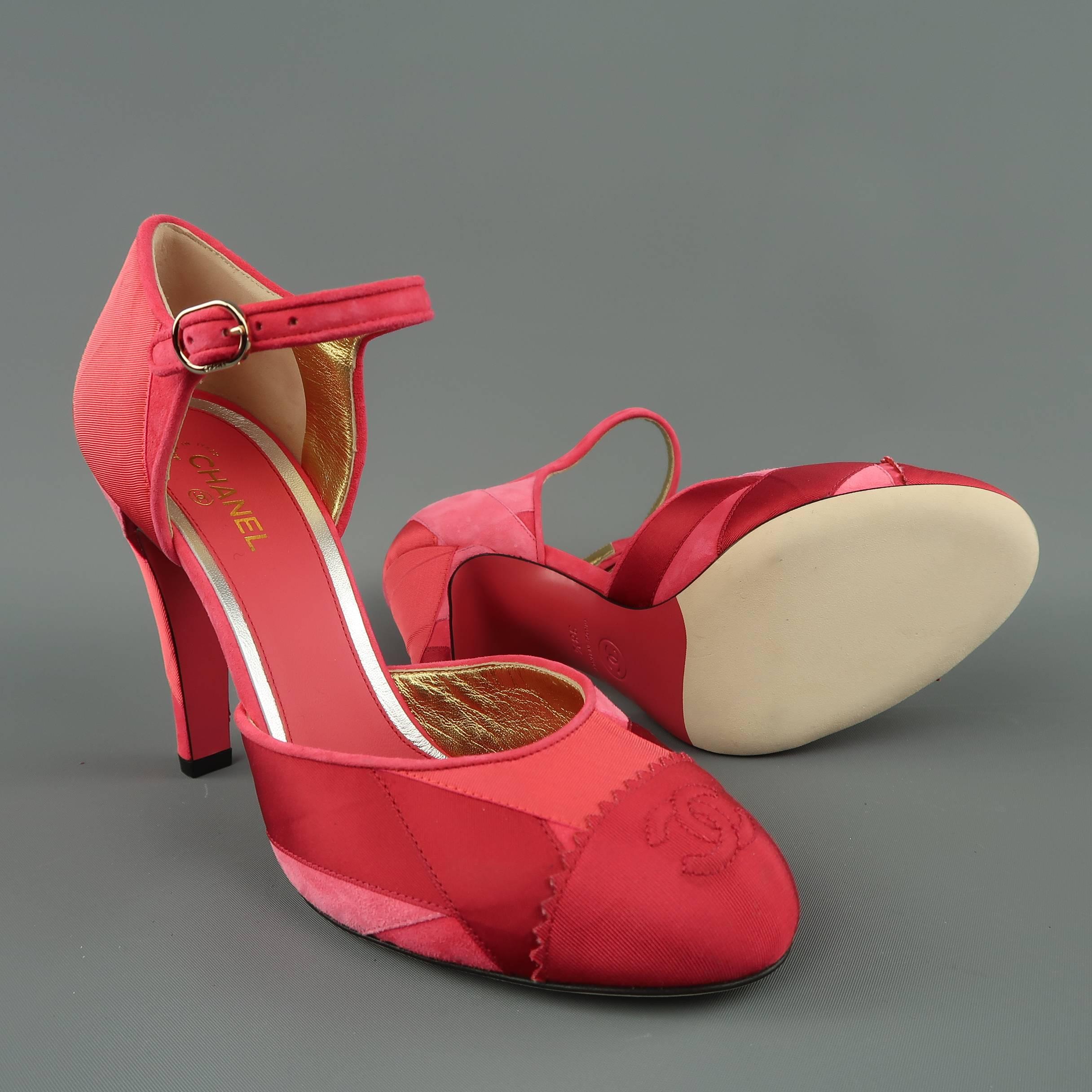 Chanel Raspberry Red Suede and Silk Grosgrain Ribbon Patchwork Pumps In New Condition In San Francisco, CA