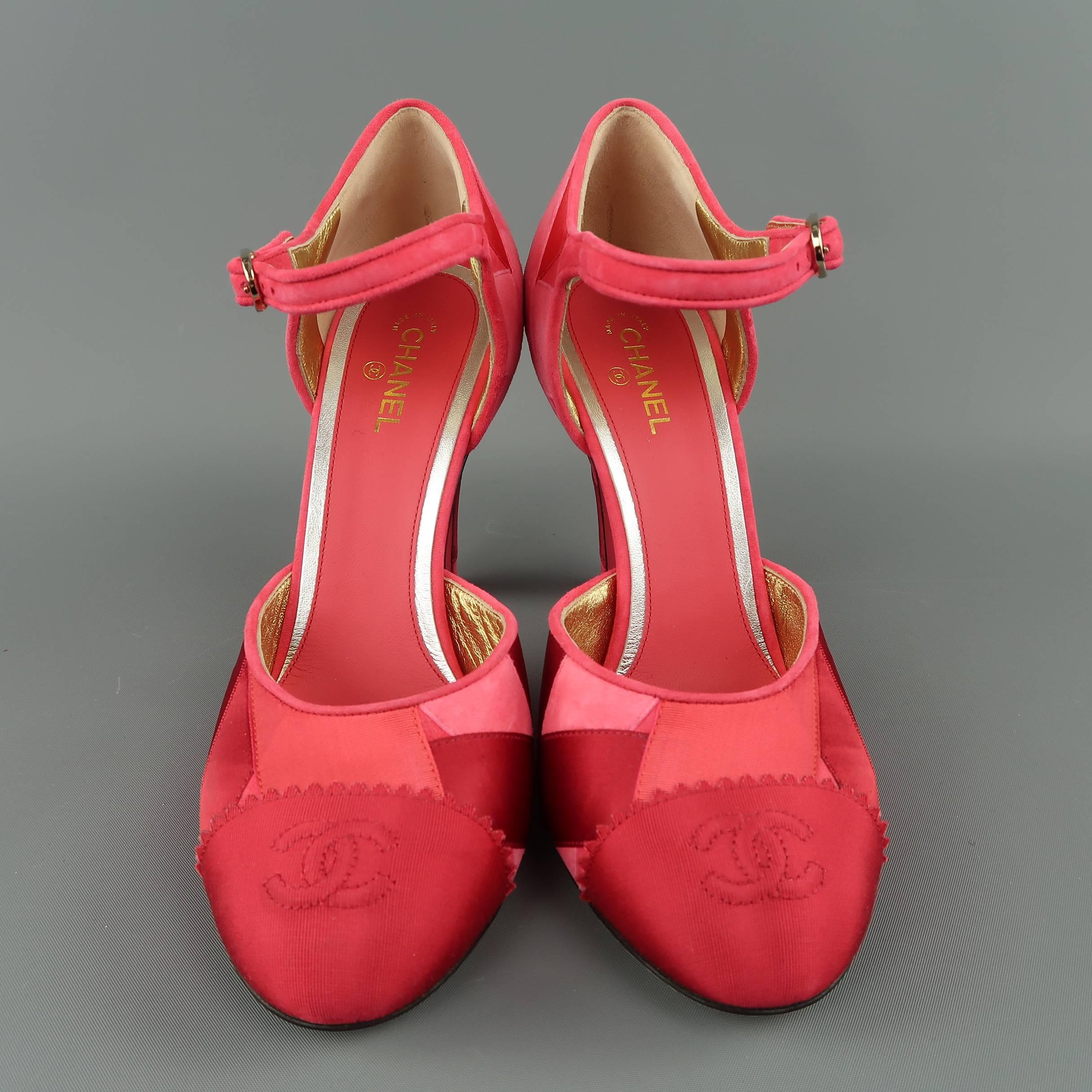 Women's Chanel Raspberry Red Suede and Silk Grosgrain Ribbon Patchwork Pumps