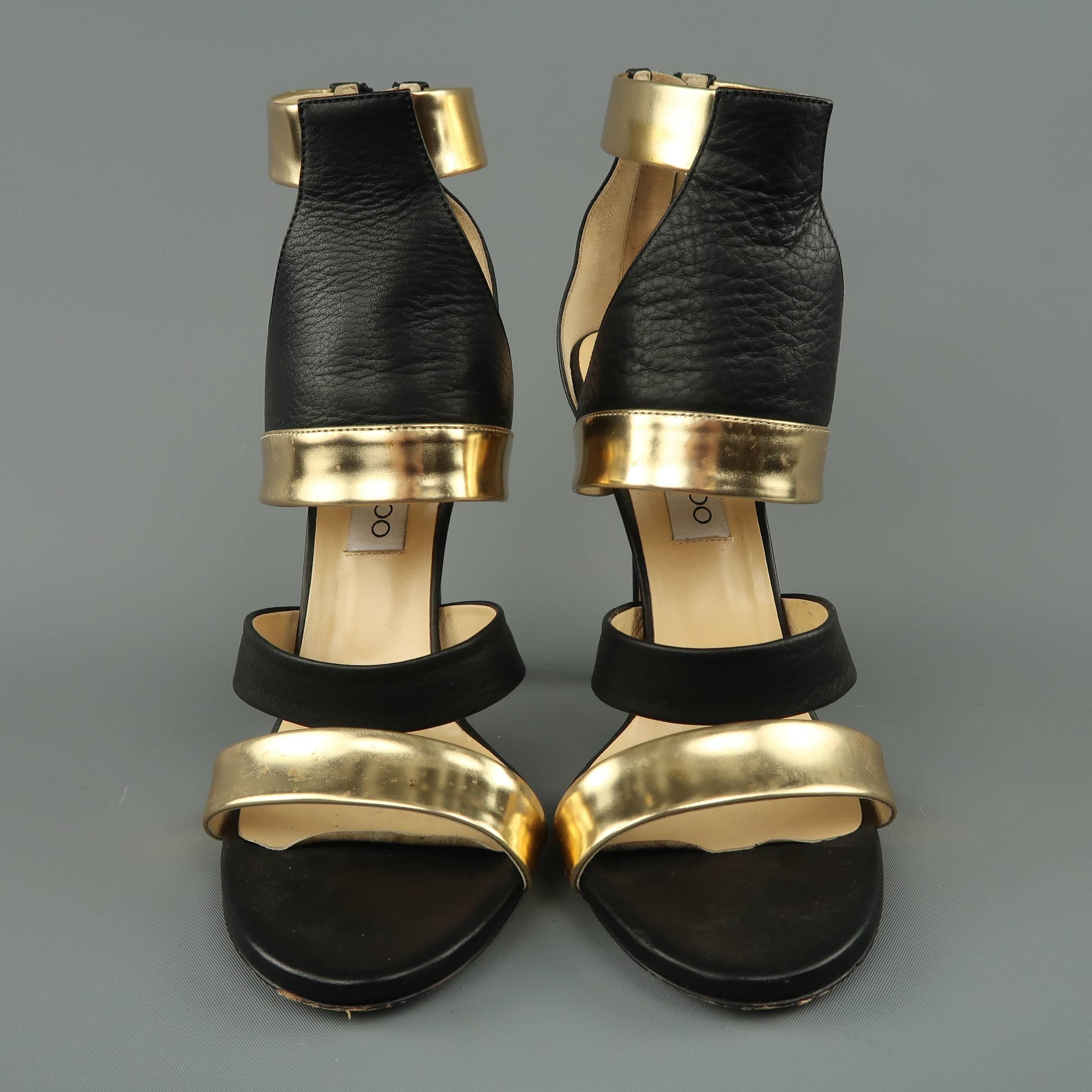 JIMMY CHOO Size 9 Black & Gold Leather BESSO Sandals In Good Condition In San Francisco, CA