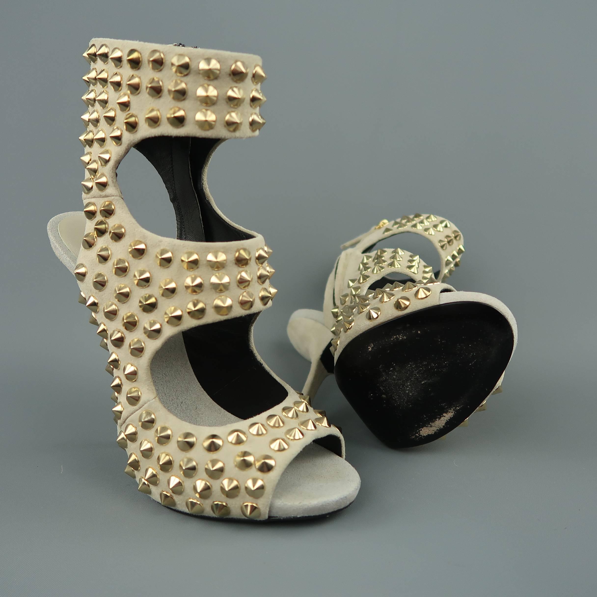 GIUSEPPE ZANOTTI Size 9 Beige Gold Spike Studded Suede Sandals In Good Condition In San Francisco, CA