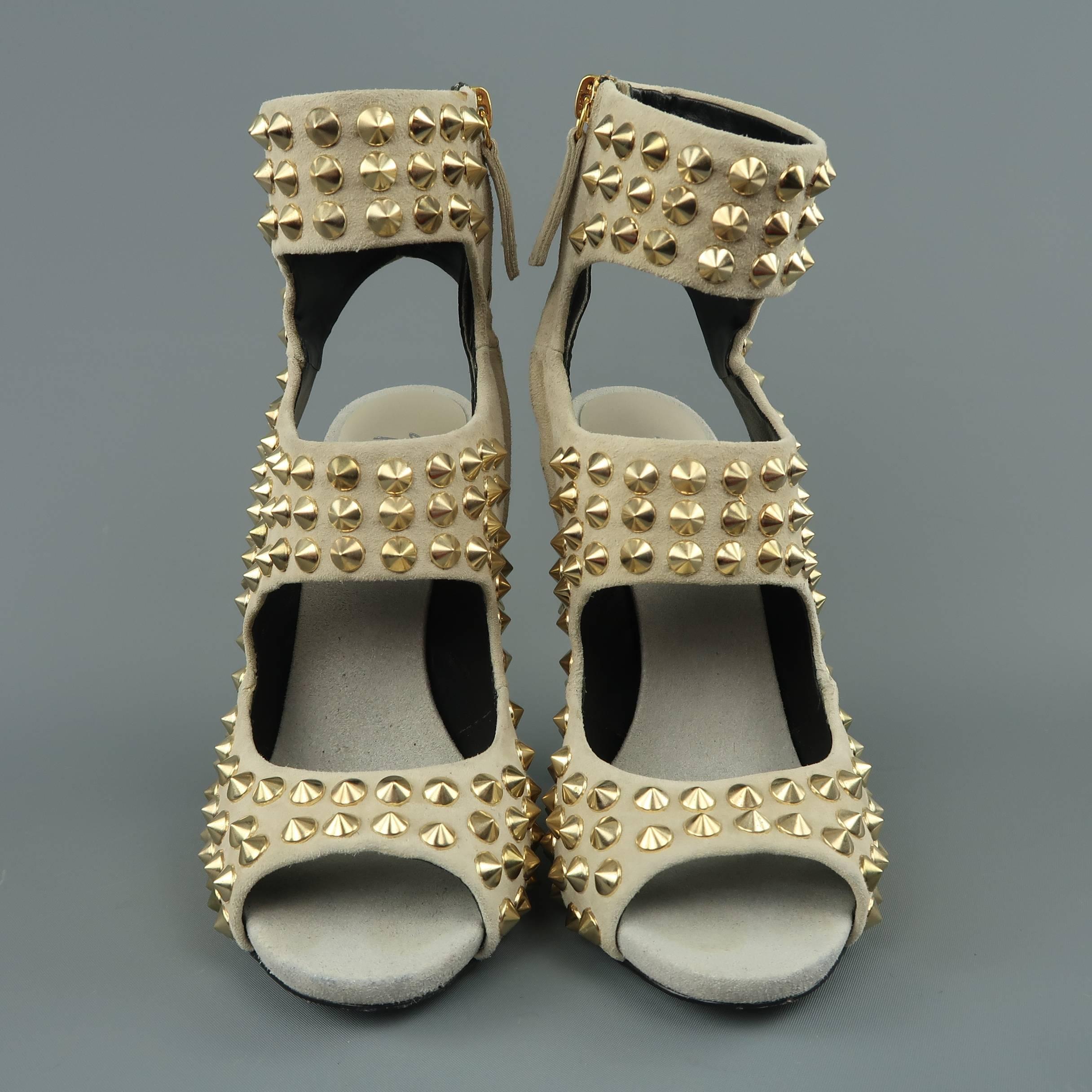 Women's GIUSEPPE ZANOTTI Size 9 Beige Gold Spike Studded Suede Sandals