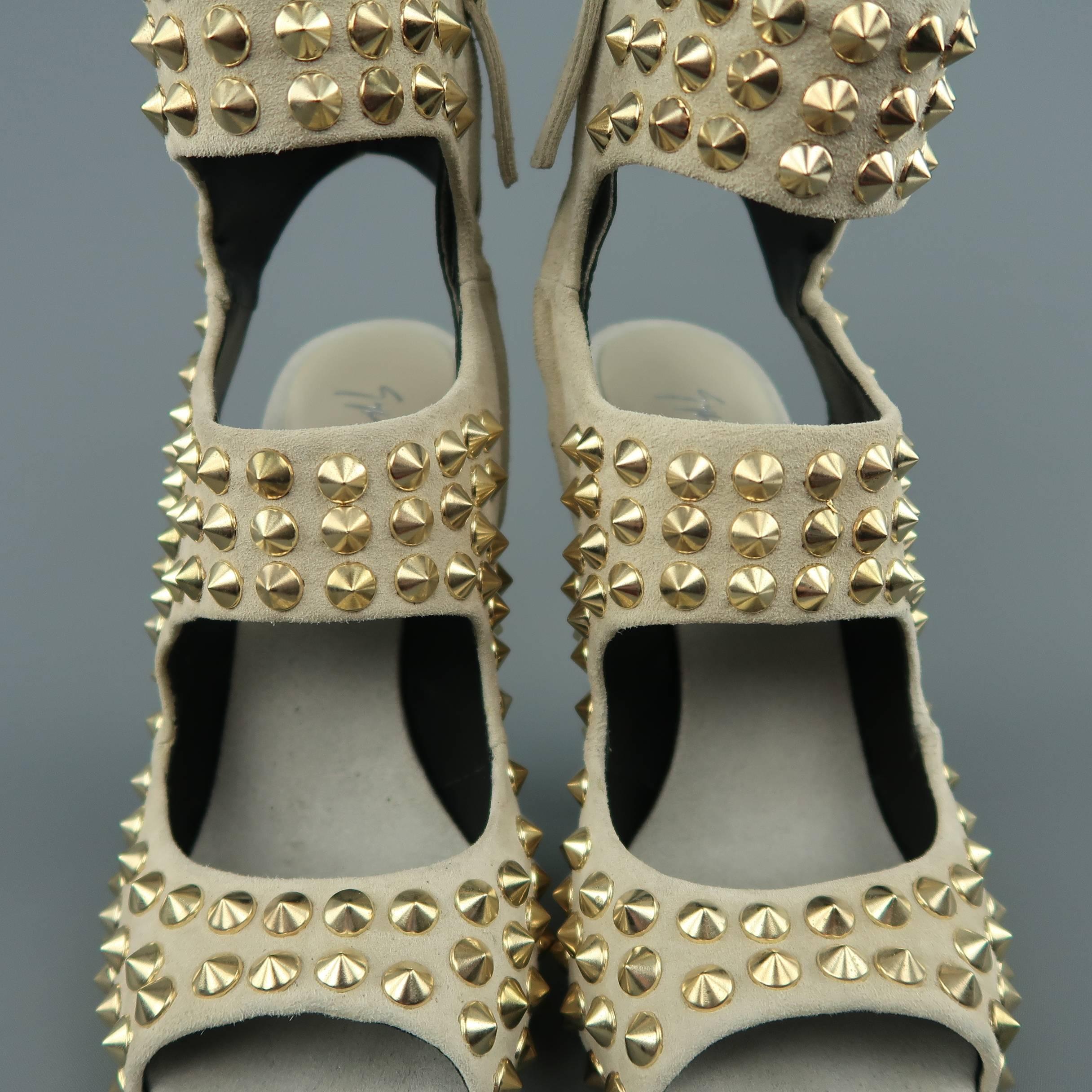 GIUSEPPE ZANOTTI Size 9 Beige Gold Spike Studded Suede Sandals 1