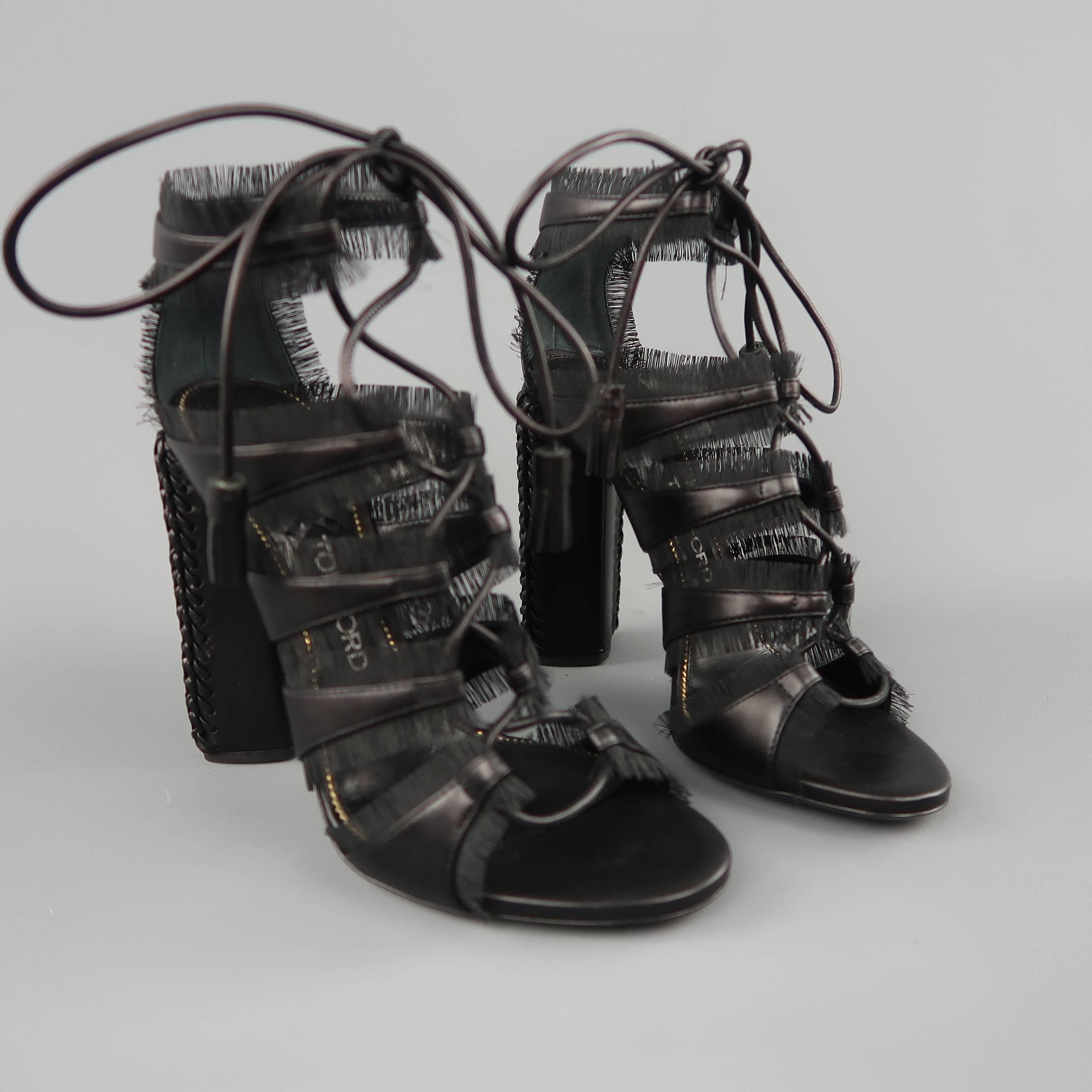 Tom Ford Black Leather Eyelash Fringe Piping Lace Up Sandals In New Condition In San Francisco, CA