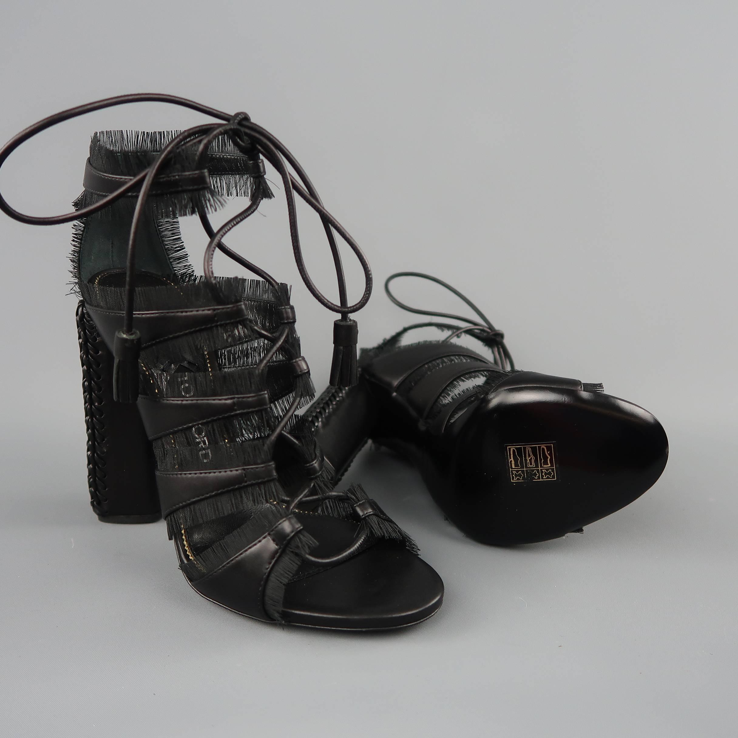 Women's or Men's Tom Ford Black Leather Eyelash Fringe Piping Lace Up Sandals