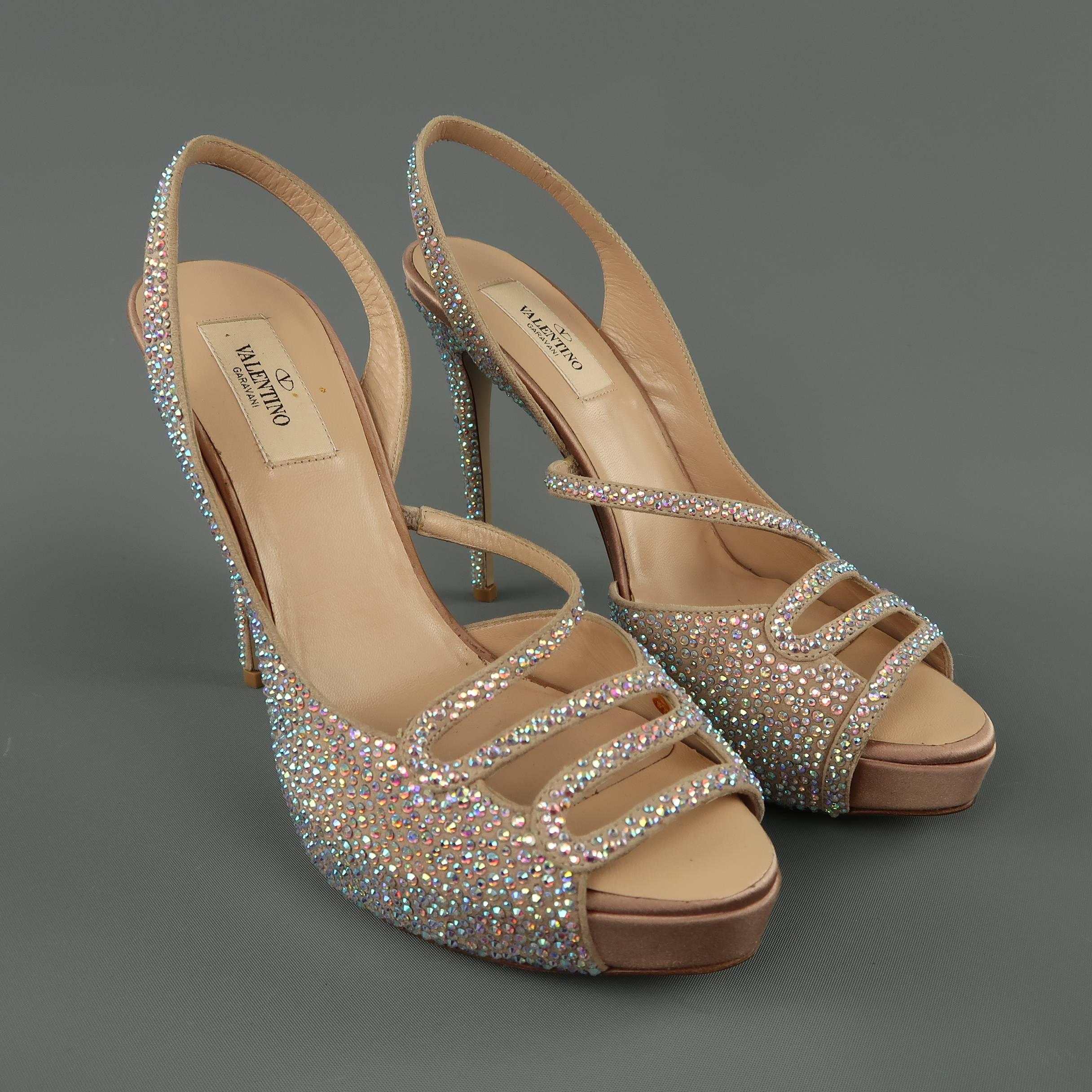 VALENTINO Size 8.5 Beige Aurora Borealis Crystal Suede & Silk Peep Toe Sandals In New Condition In San Francisco, CA