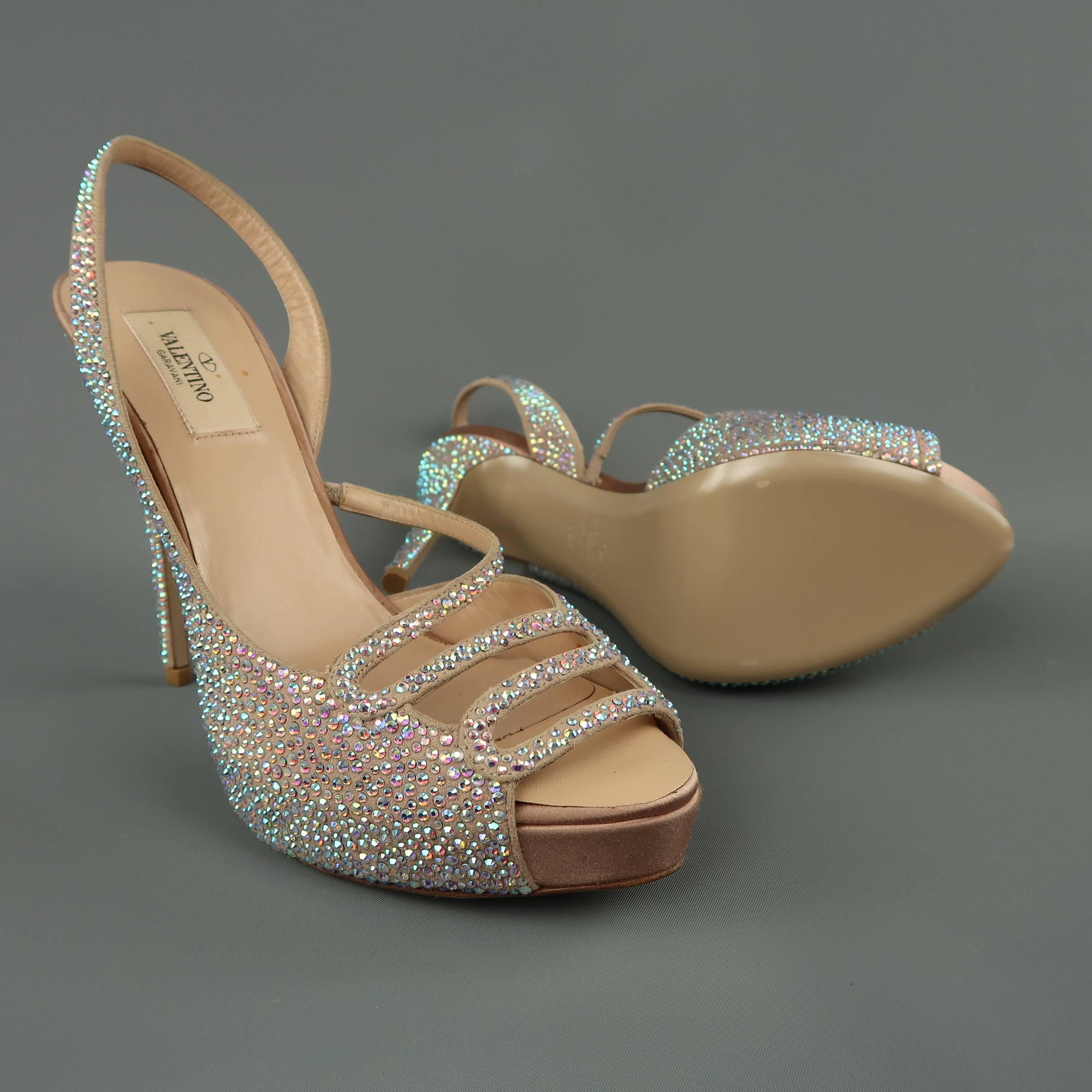 Women's VALENTINO Size 8.5 Beige Aurora Borealis Crystal Suede & Silk Peep Toe Sandals