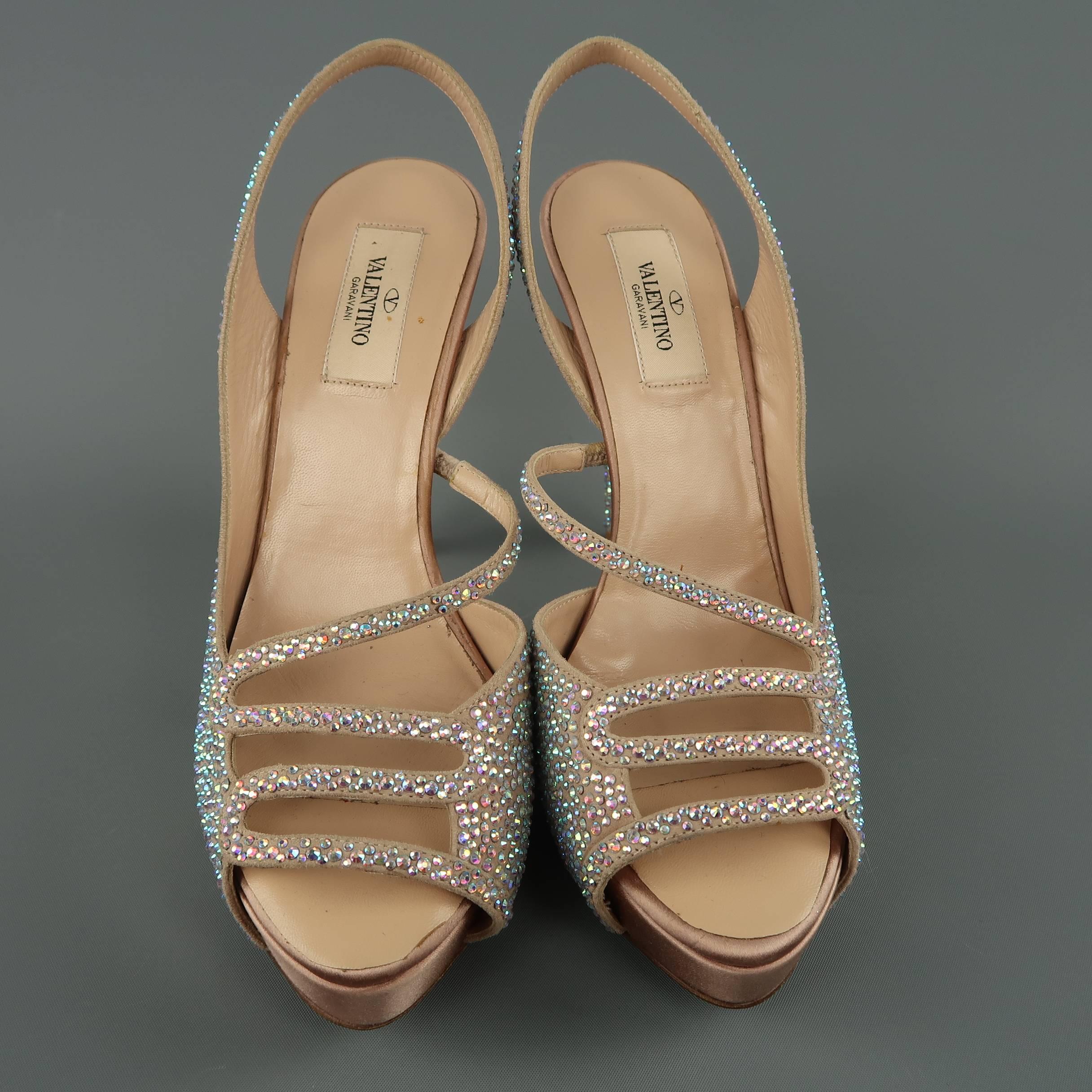 VALENTINO Size 8.5 Beige Aurora Borealis Crystal Suede & Silk Peep Toe Sandals 1