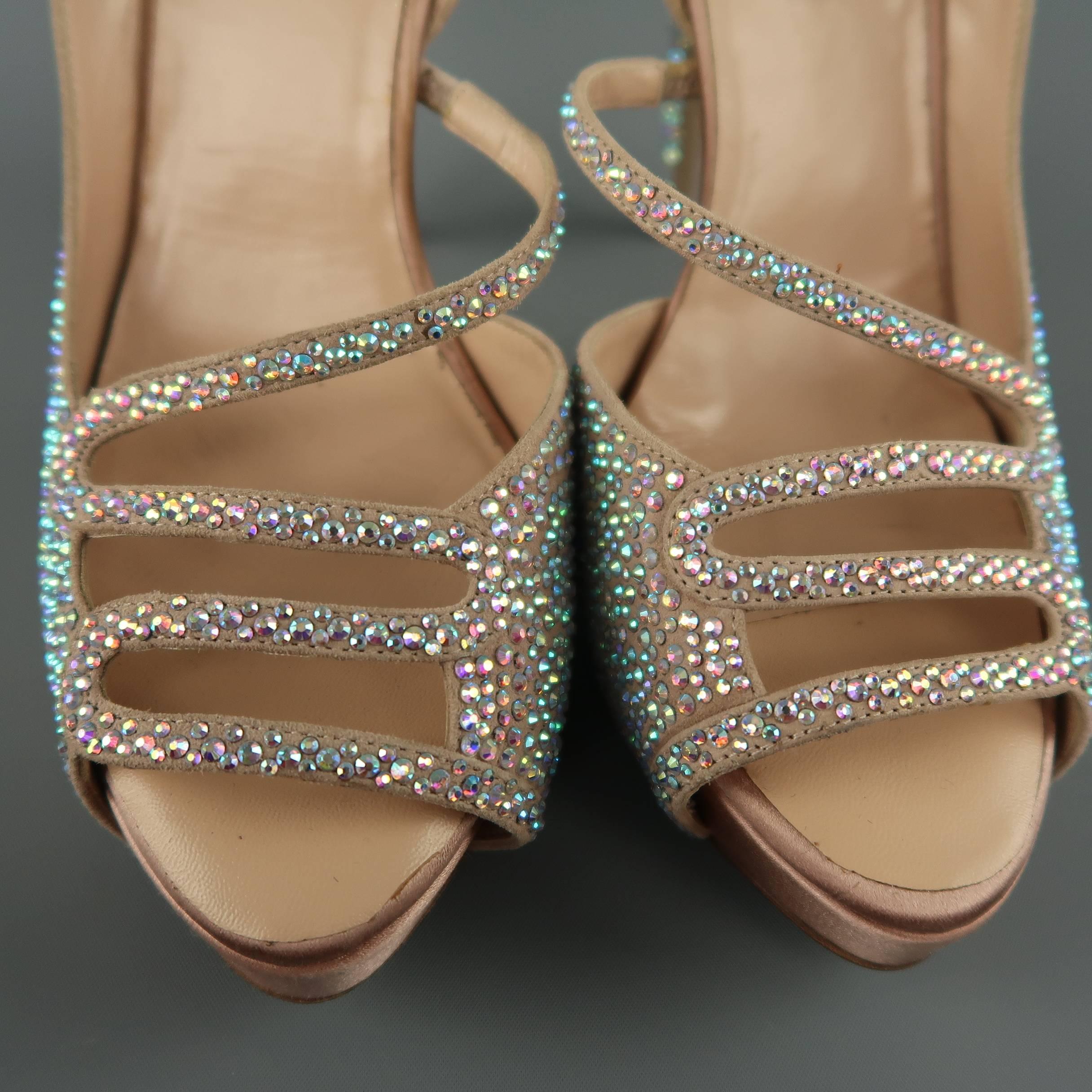 VALENTINO Size 8.5 Beige Aurora Borealis Crystal Suede & Silk Peep Toe Sandals 2