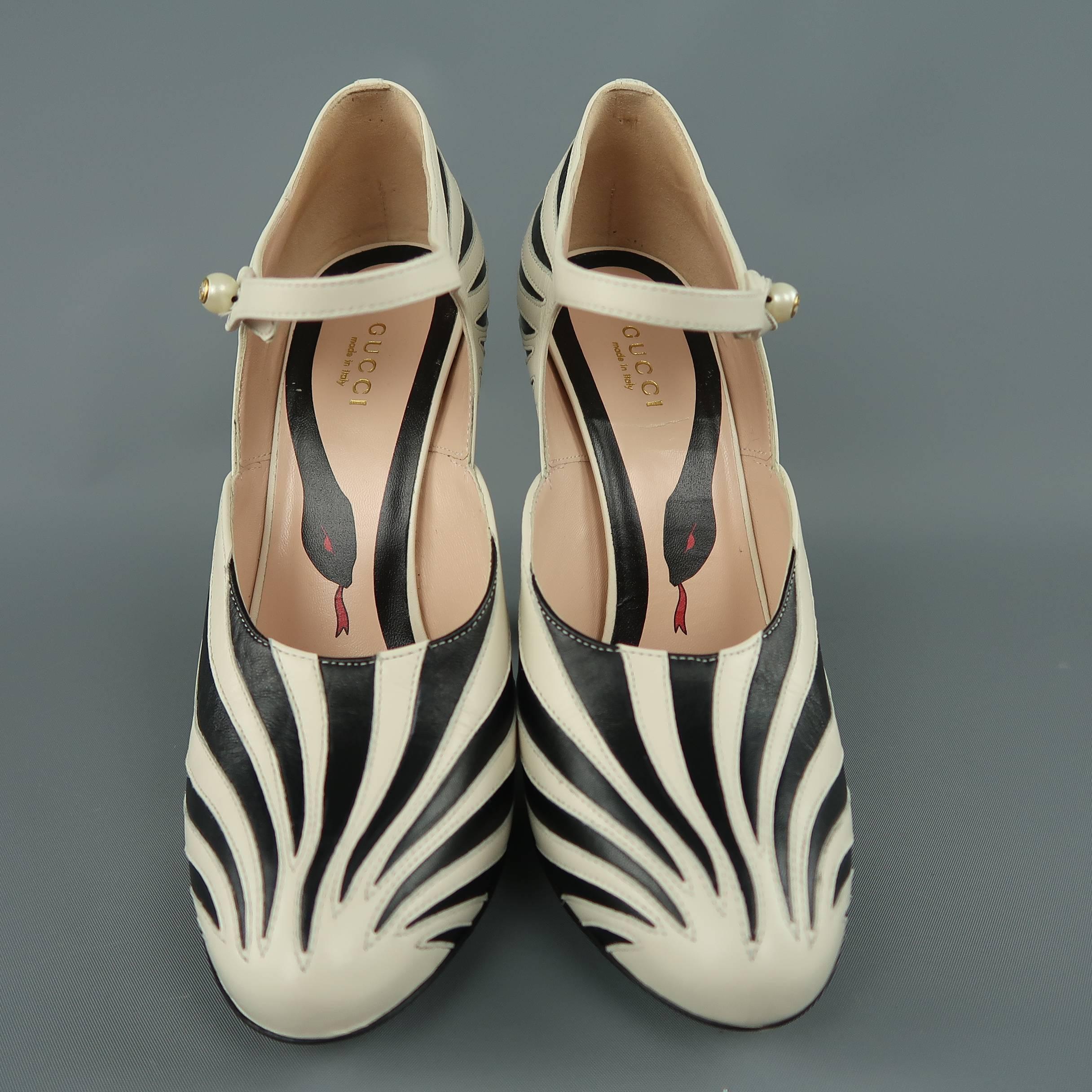 GUCCI Size 8.5 Black & Beige Leather LESLEY Zebra Mary Jane Pumps In Excellent Condition In San Francisco, CA