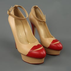 CHARLOTTE OLYMPIA Size 9 Tan & Red Leather KISS ME DOLORES Lip Pumps