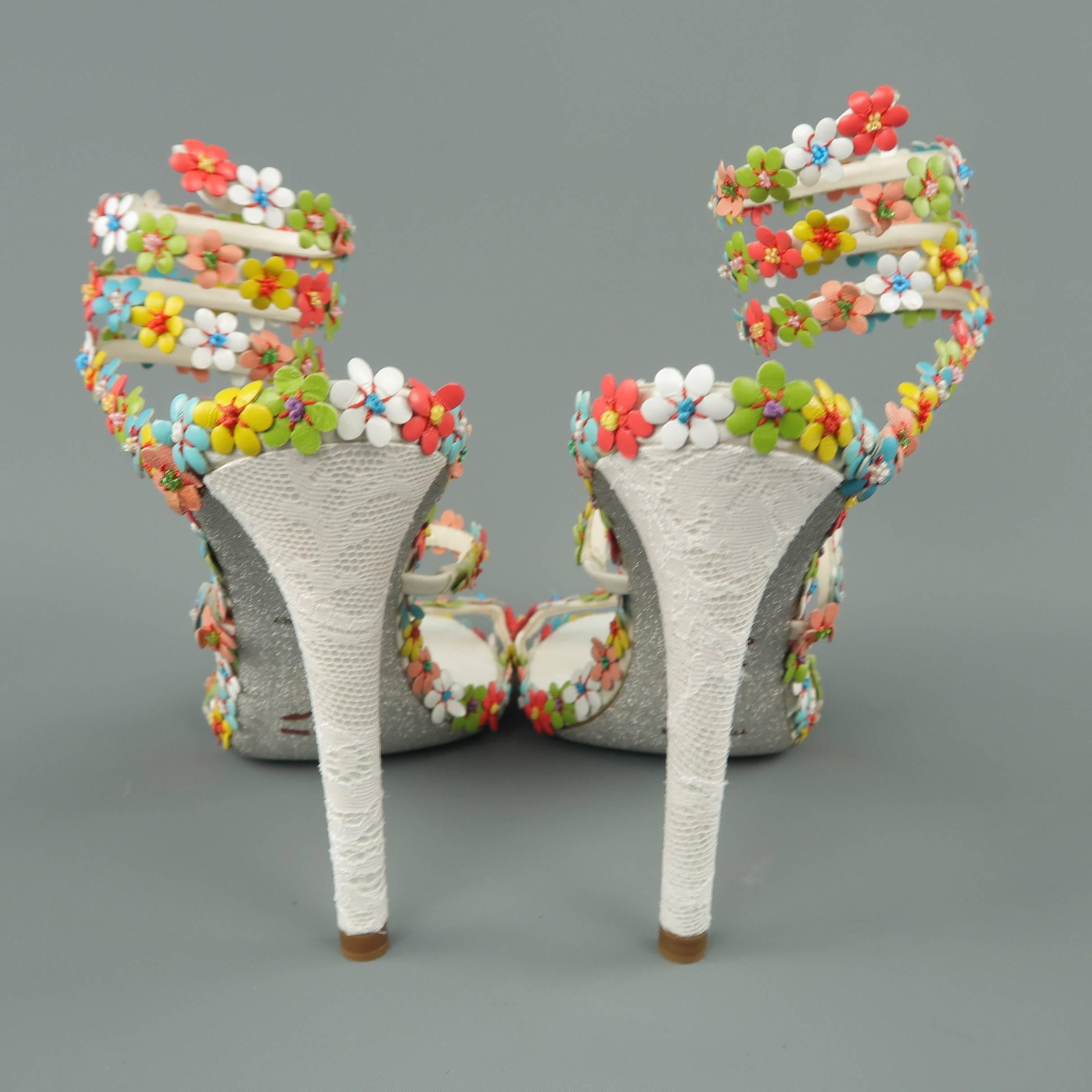 Rene Caovilla White Leather Multicolor Flower Coil Sandals 2