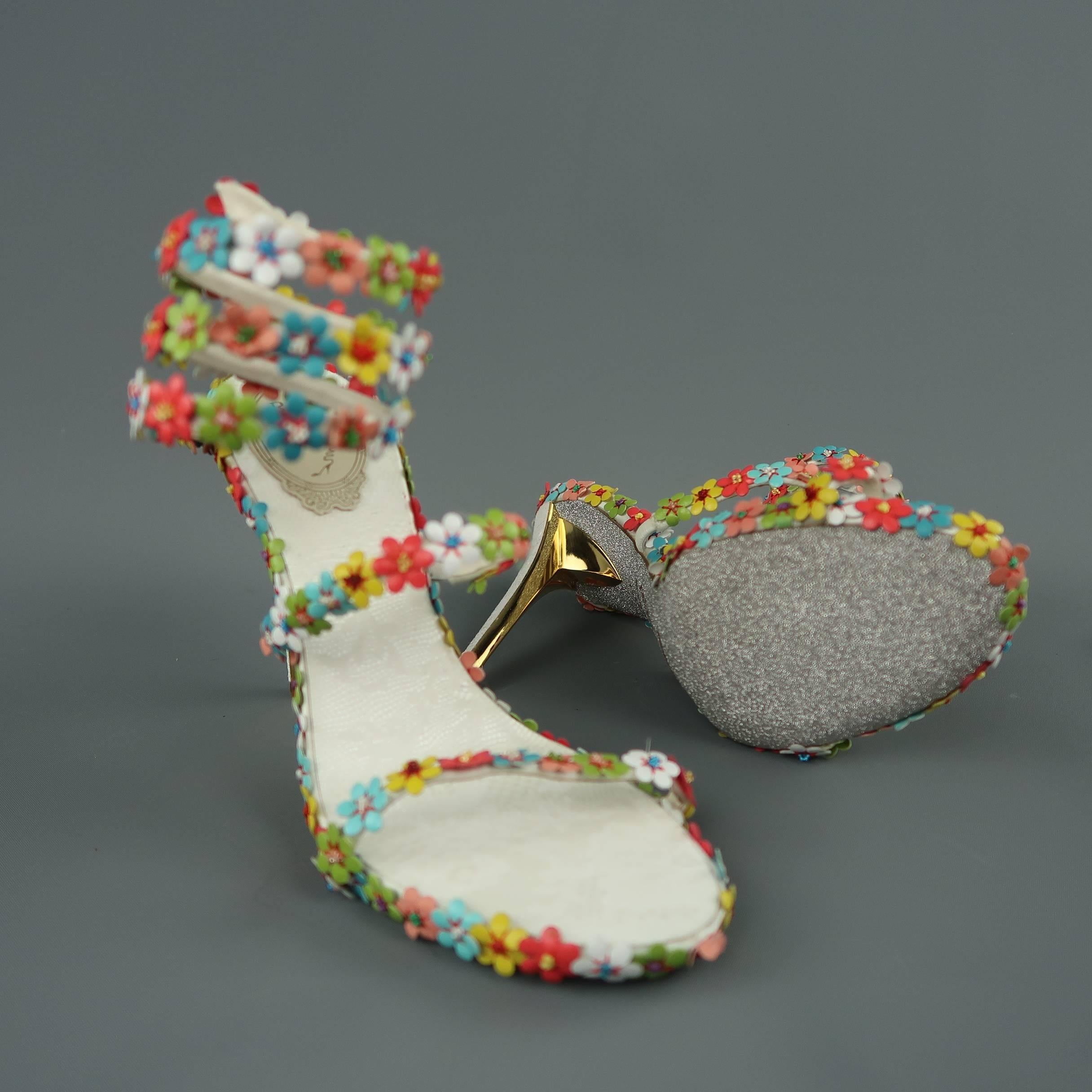 Rene Caovilla White Leather Multicolor Flower Coil Sandals In New Condition In San Francisco, CA