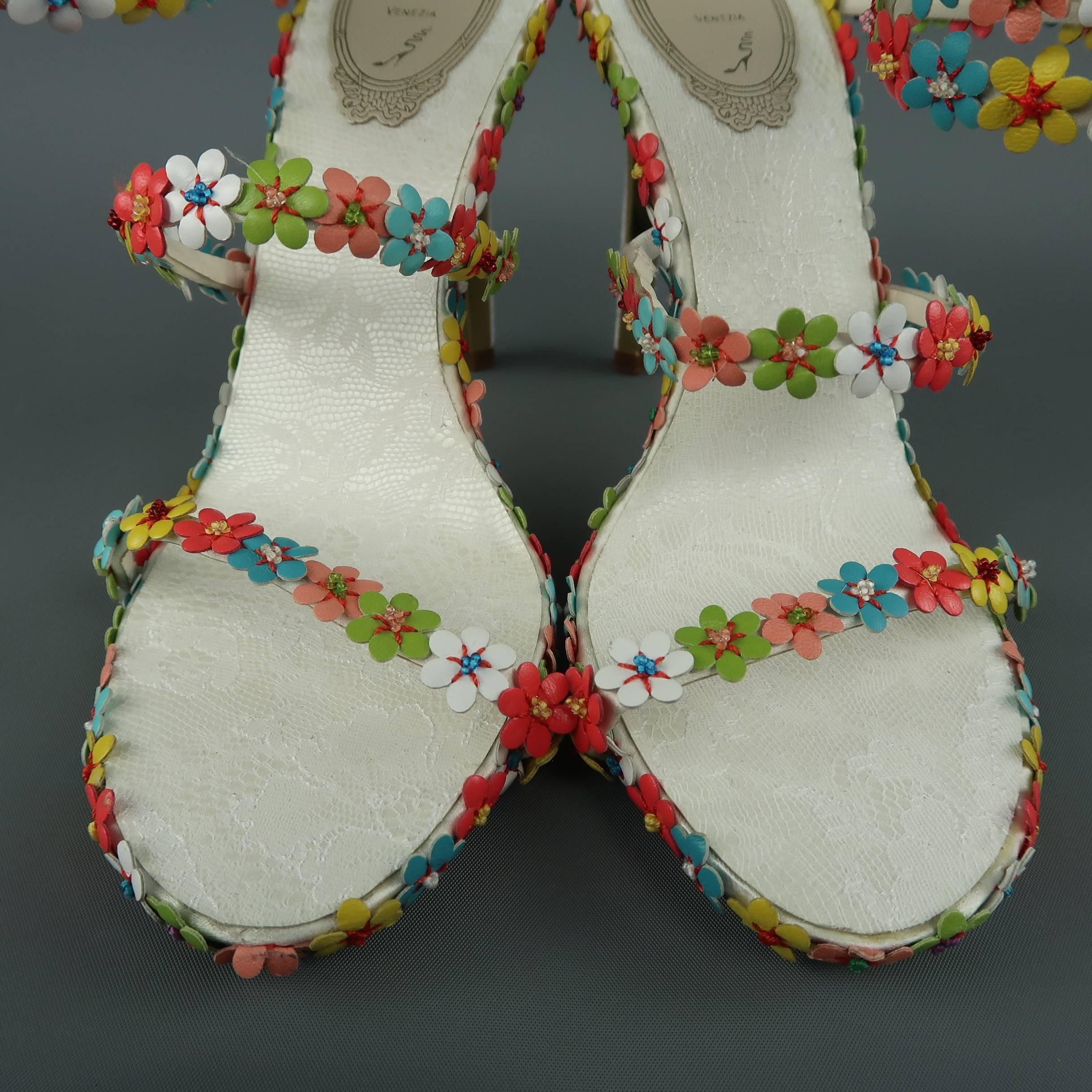 Women's Rene Caovilla White Leather Multicolor Flower Coil Sandals