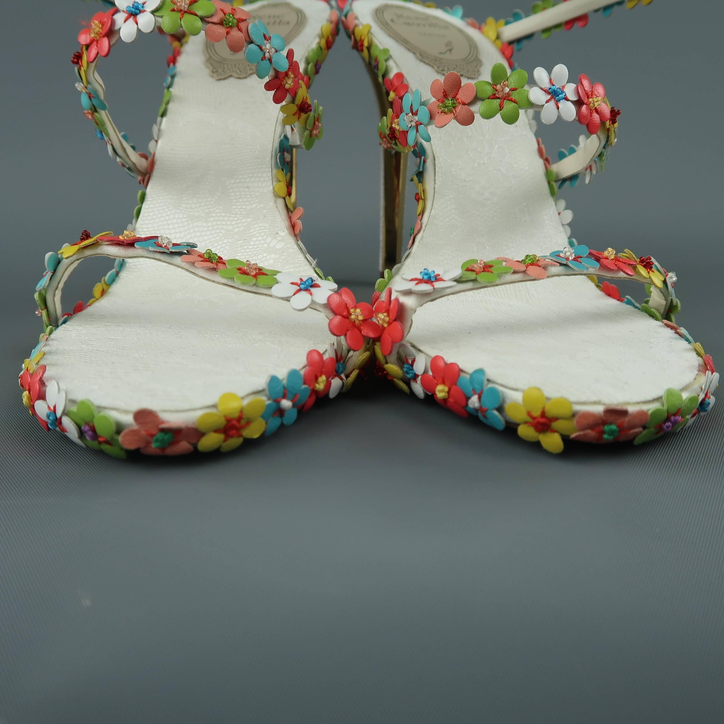 Rene Caovilla White Leather Multicolor Flower Coil Sandals 1